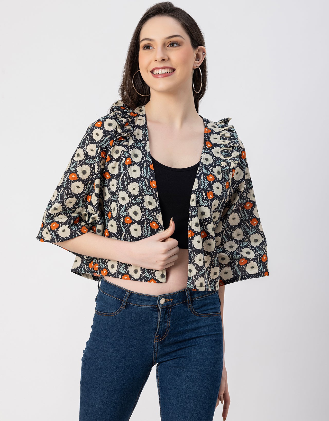 V Neck Straight Printed Cotton Jacket