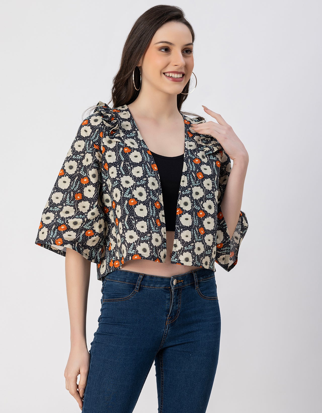 V Neck Straight Printed Cotton Jacket
