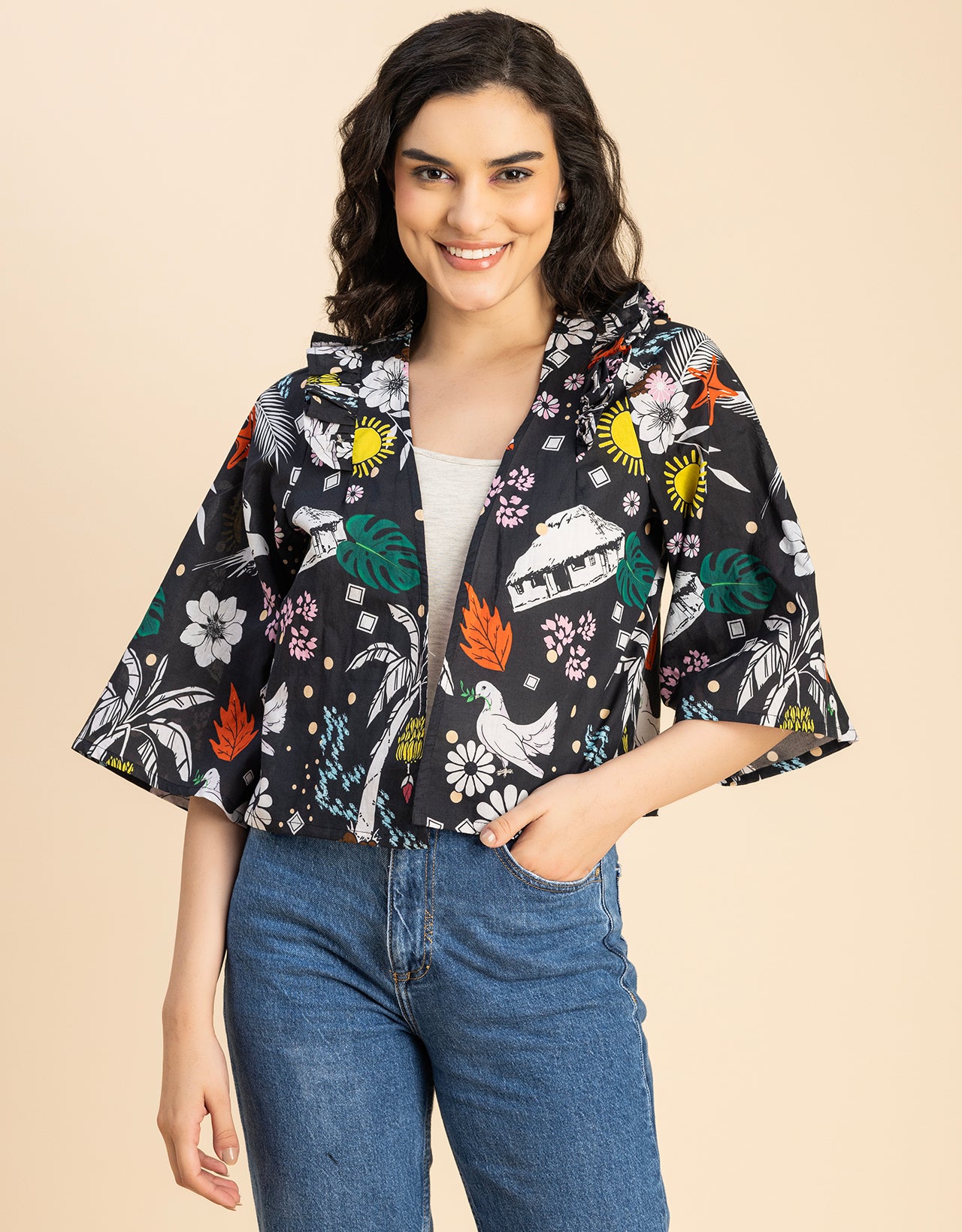 V Neck Straight Printed Cotton Jacket