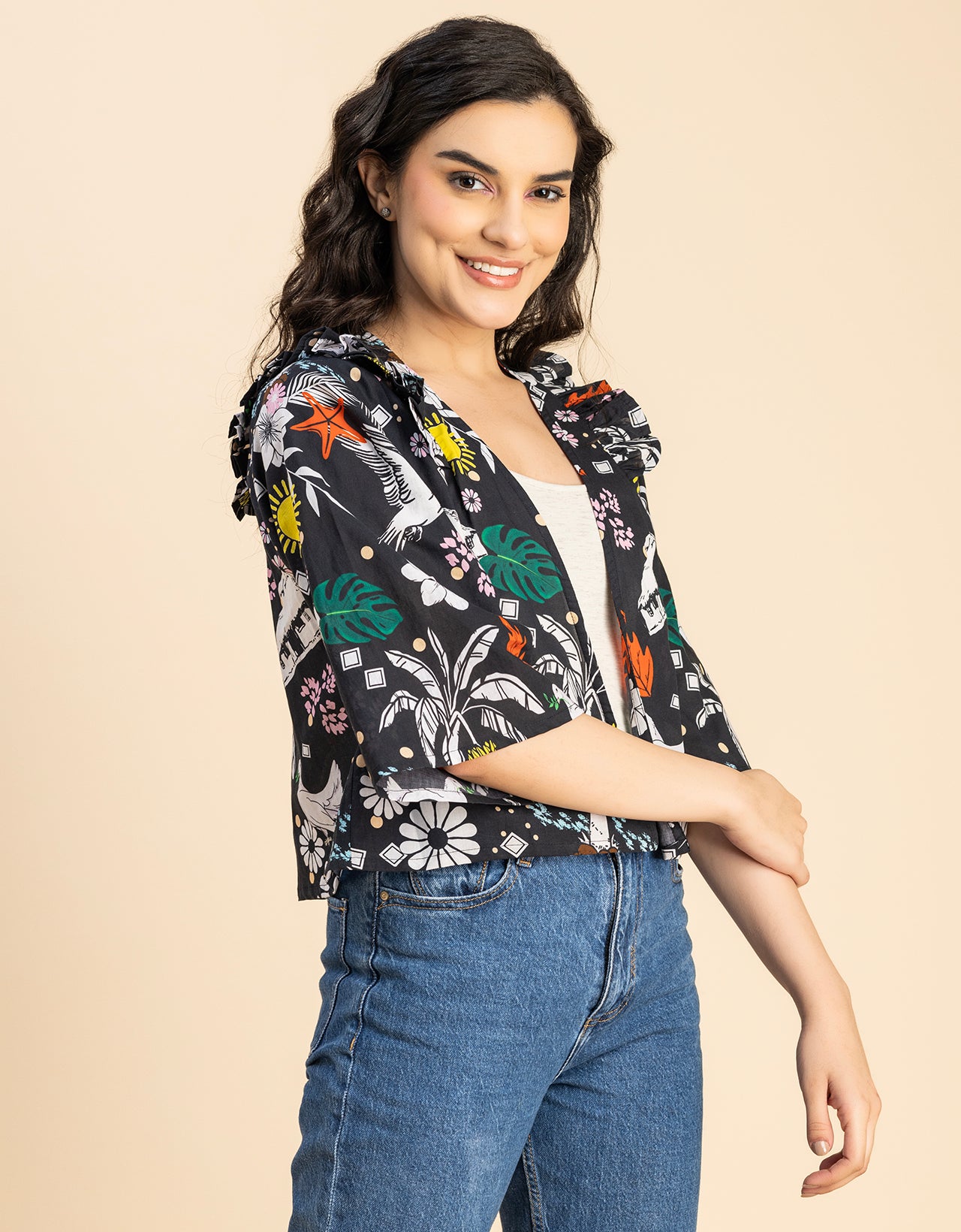 V Neck Straight Printed Cotton Jacket