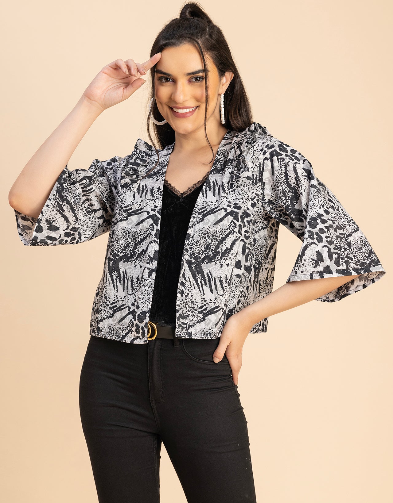 V Neck Straight Printed Cotton Jacket