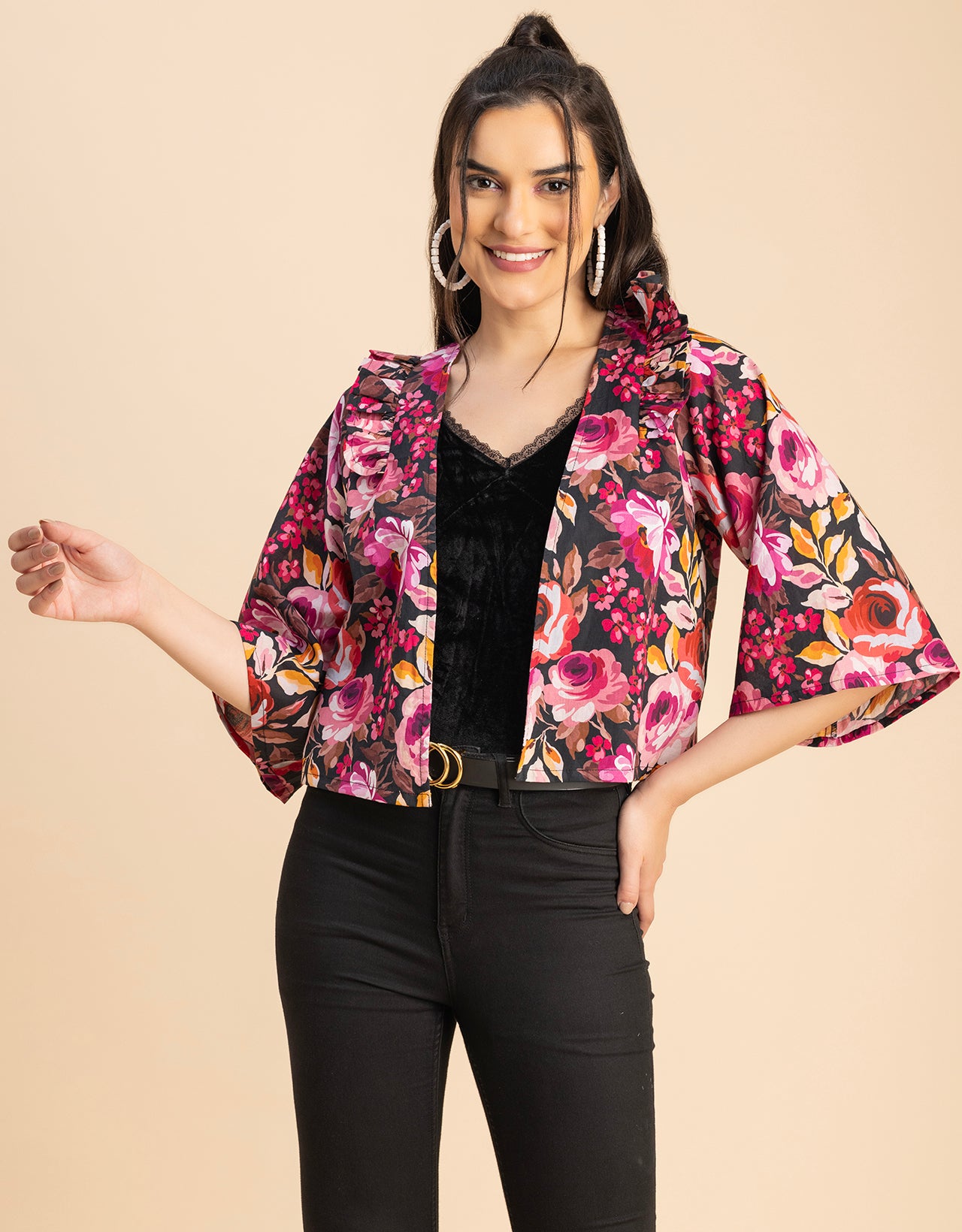 V Neck Straight Printed Cotton Jacket