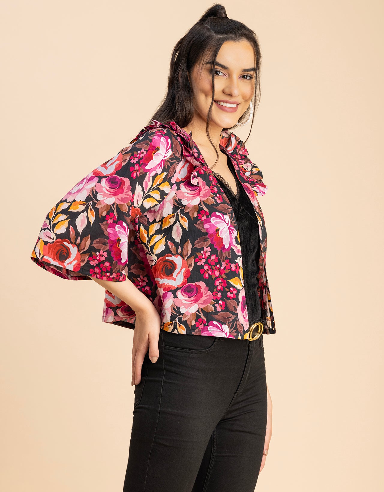 V Neck Straight Printed Cotton Jacket