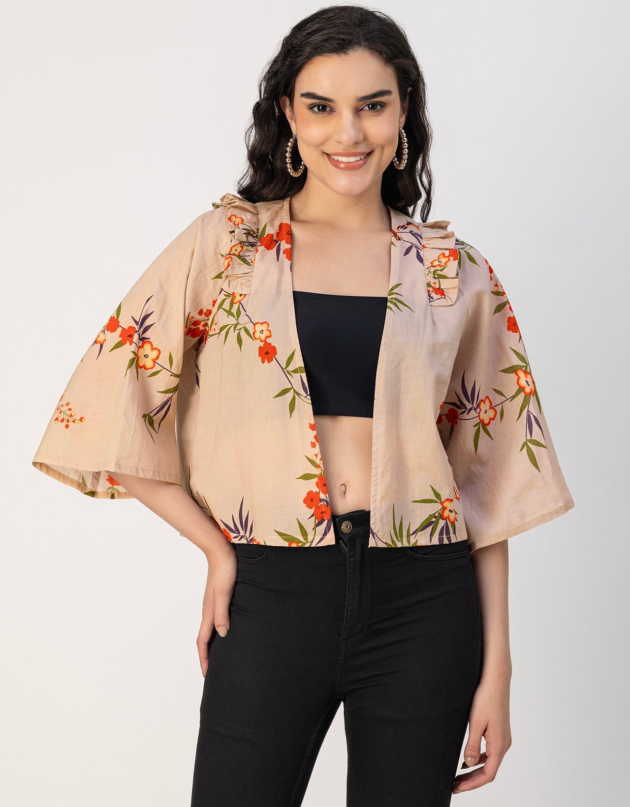 V Neck Straight Printed Cotton Jacket
