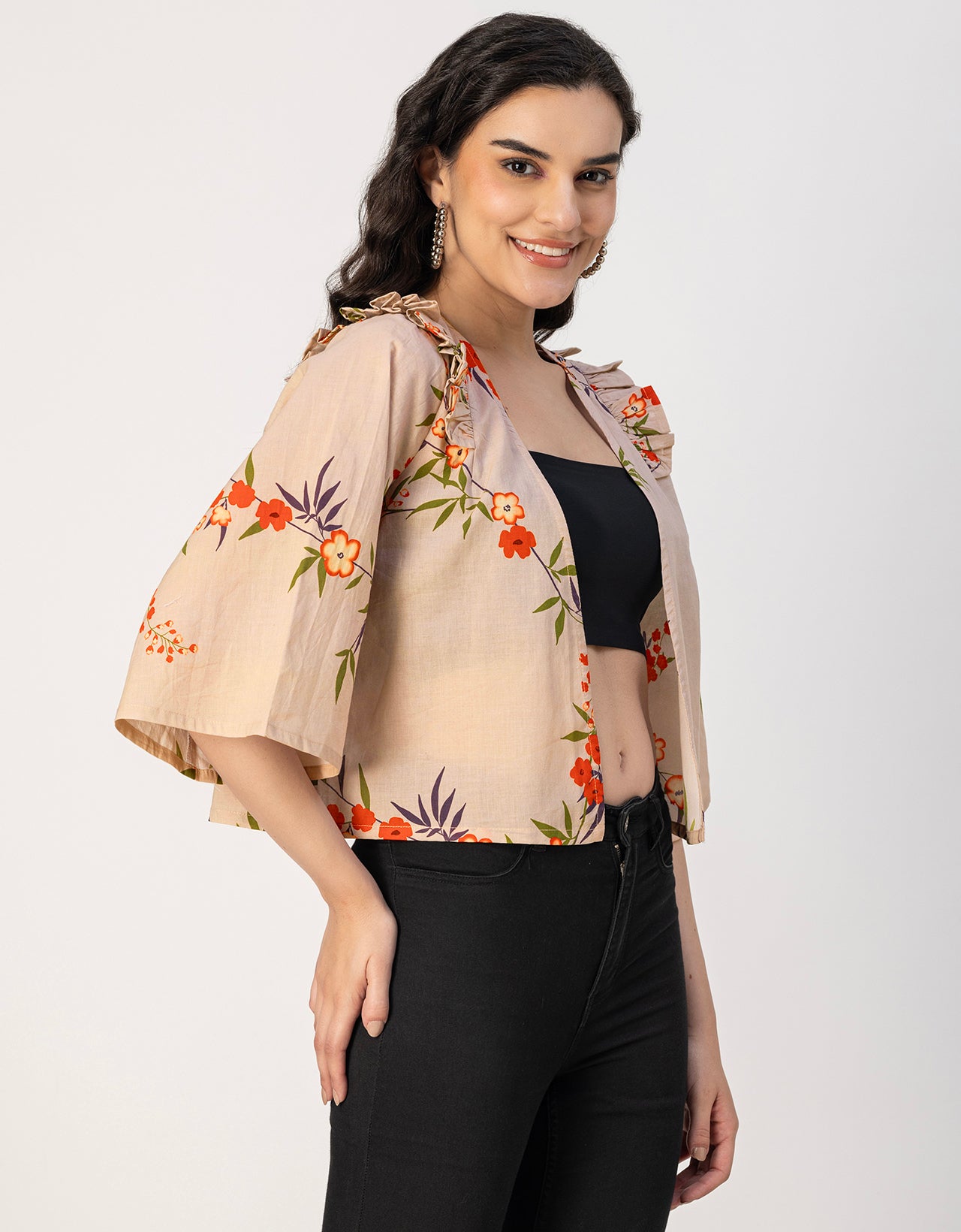 V Neck Straight Printed Cotton Jacket