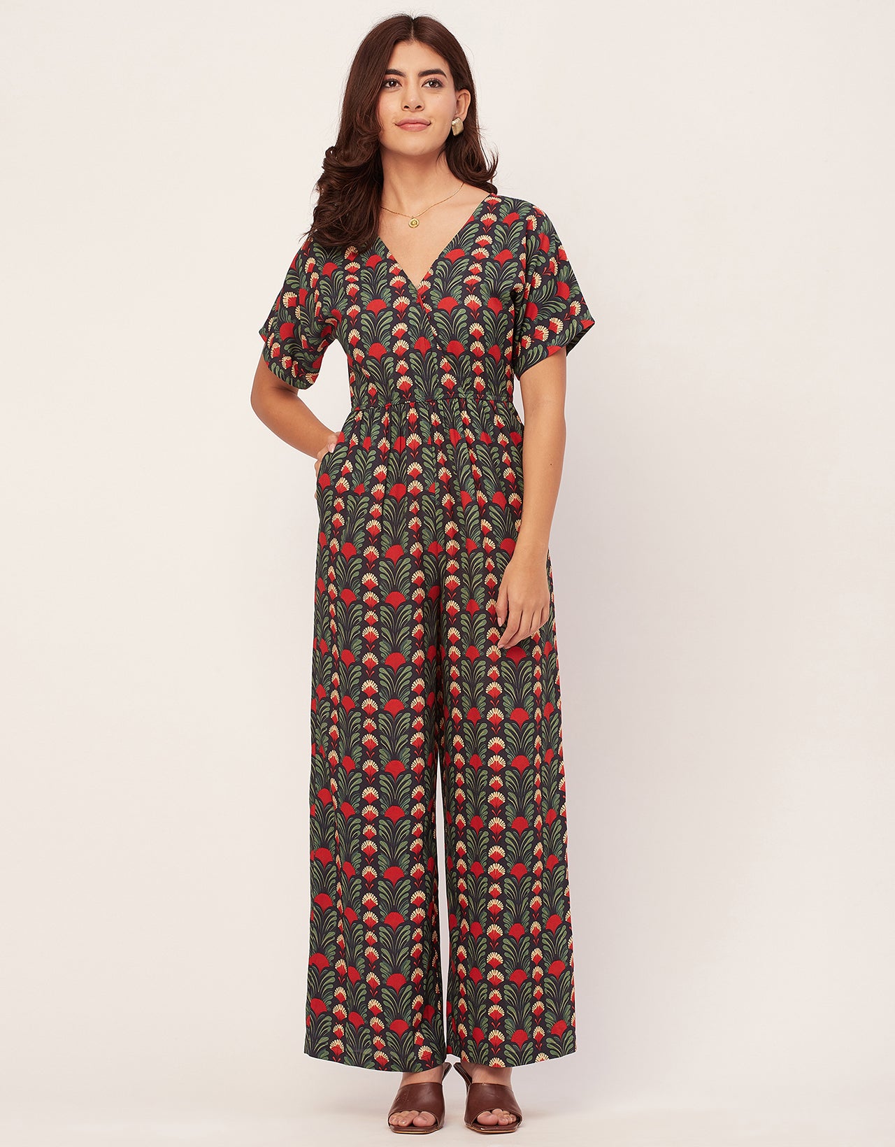 Short Sleeve Full Leg Printed Rayon Jumpsuit