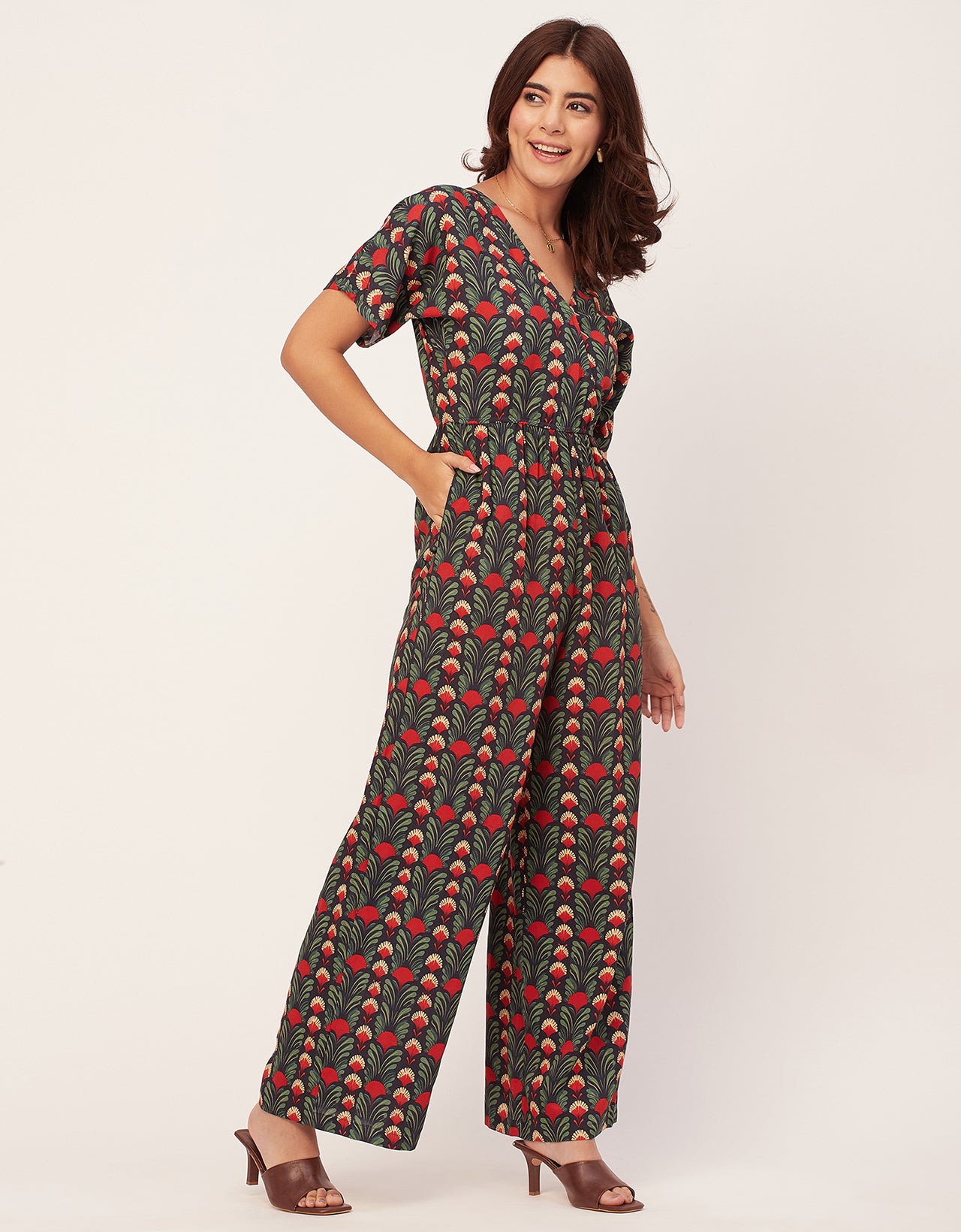 Short Sleeve Full Leg Printed Rayon Jumpsuit