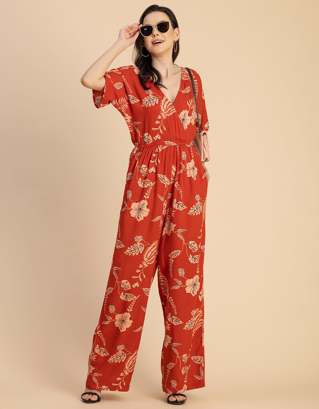 Short Sleeve Full Leg Printed Rayon Jumpsuit