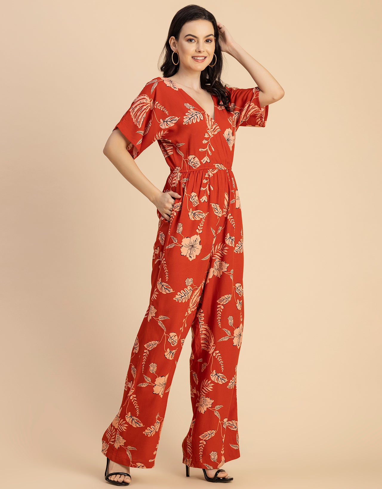 Short Sleeve Full Leg Printed Rayon Jumpsuit