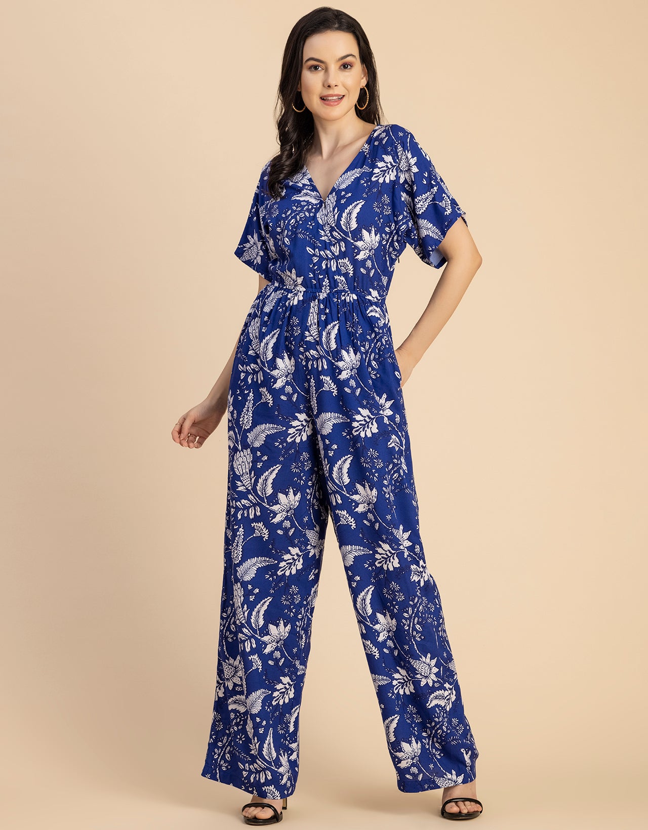 Short Sleeve Full Leg Printed Rayon Jumpsuit
