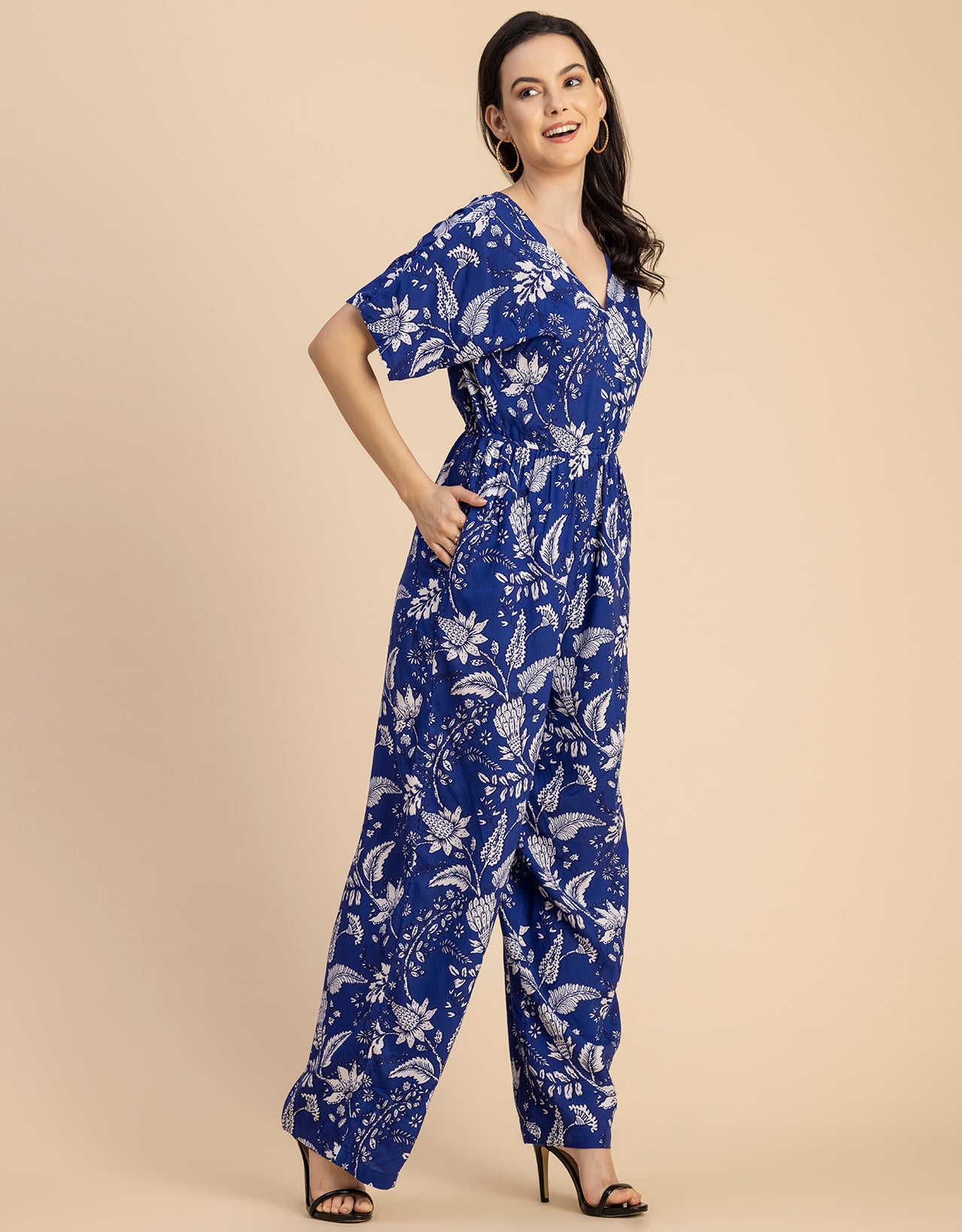Short Sleeve Full Leg Printed Rayon Jumpsuit