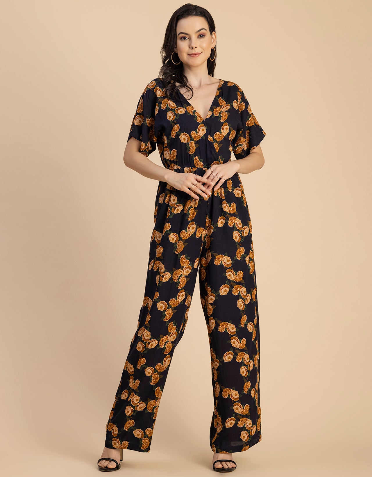 Short Sleeve Full Leg Printed Rayon Jumpsuit