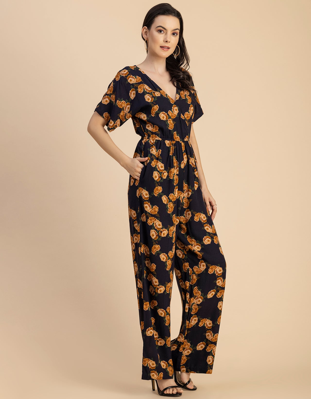 Short Sleeve Full Leg Printed Rayon Jumpsuit