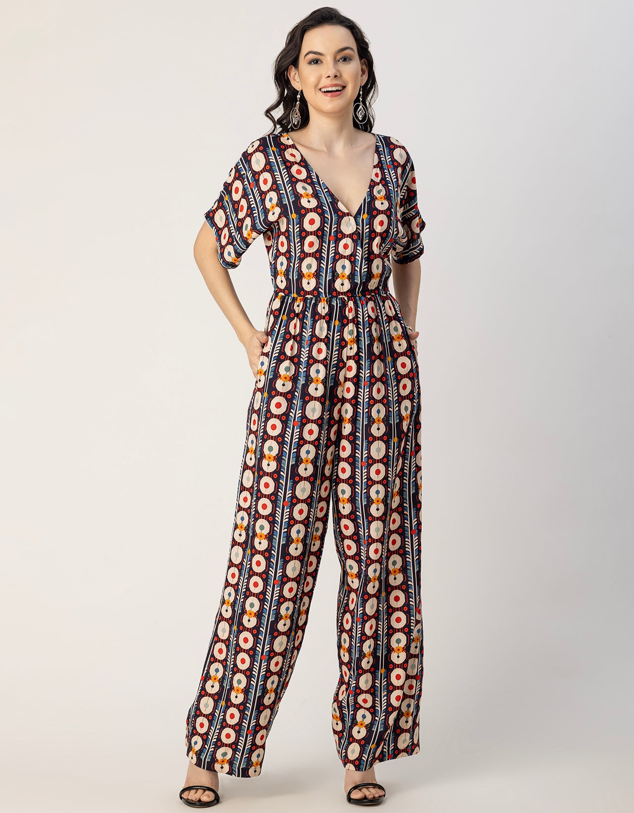 Short Sleeve Full Leg Printed Rayon Jumpsuit