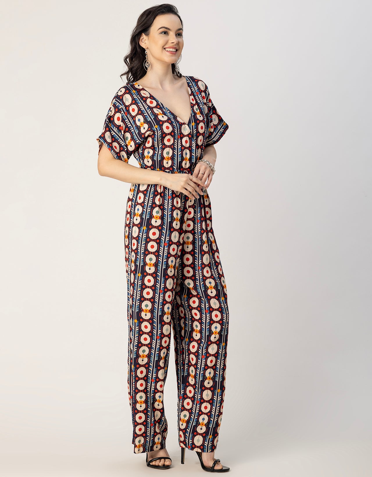 Short Sleeve Full Leg Printed Rayon Jumpsuit