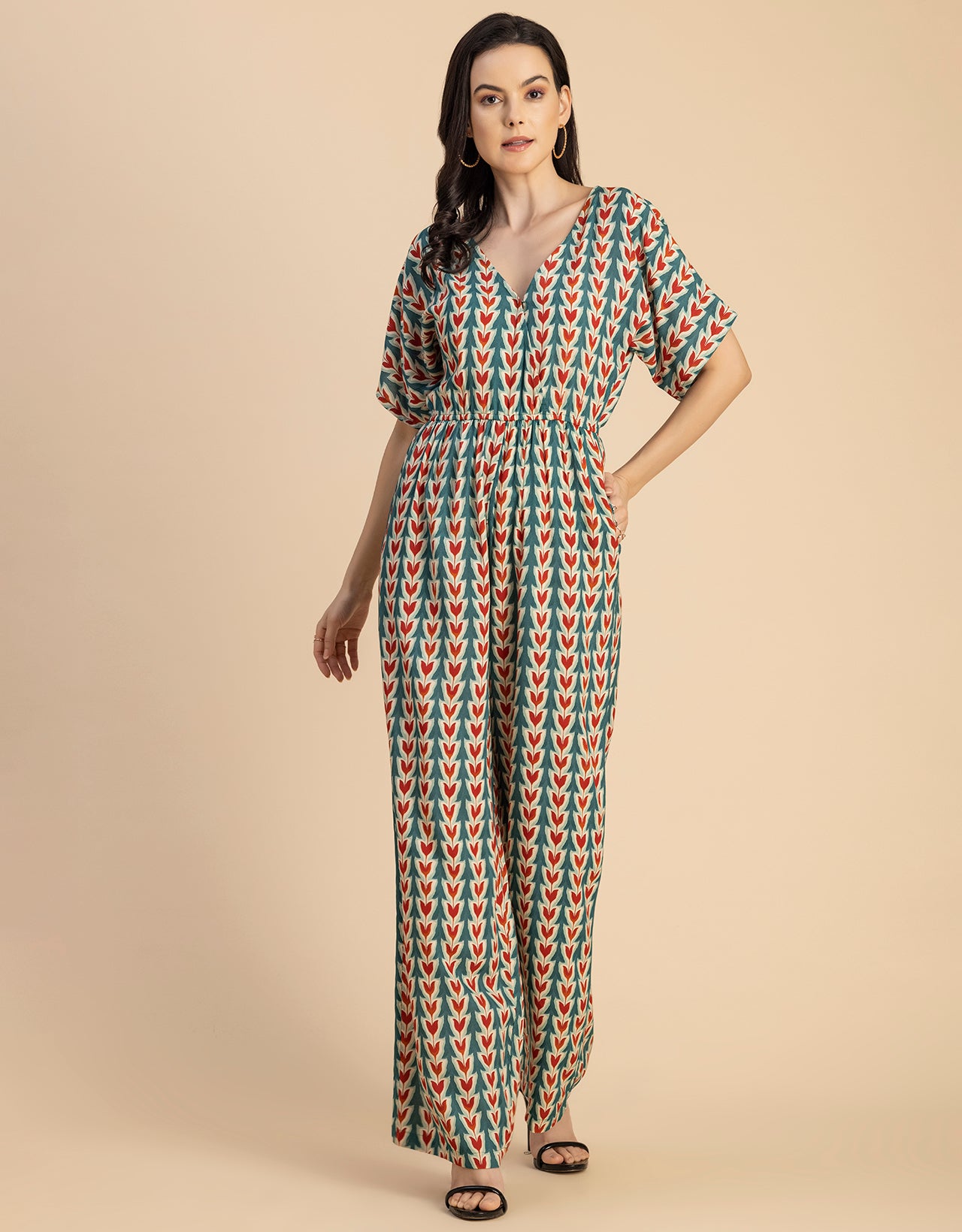 Short Sleeve Full Leg Printed Rayon Jumpsuit
