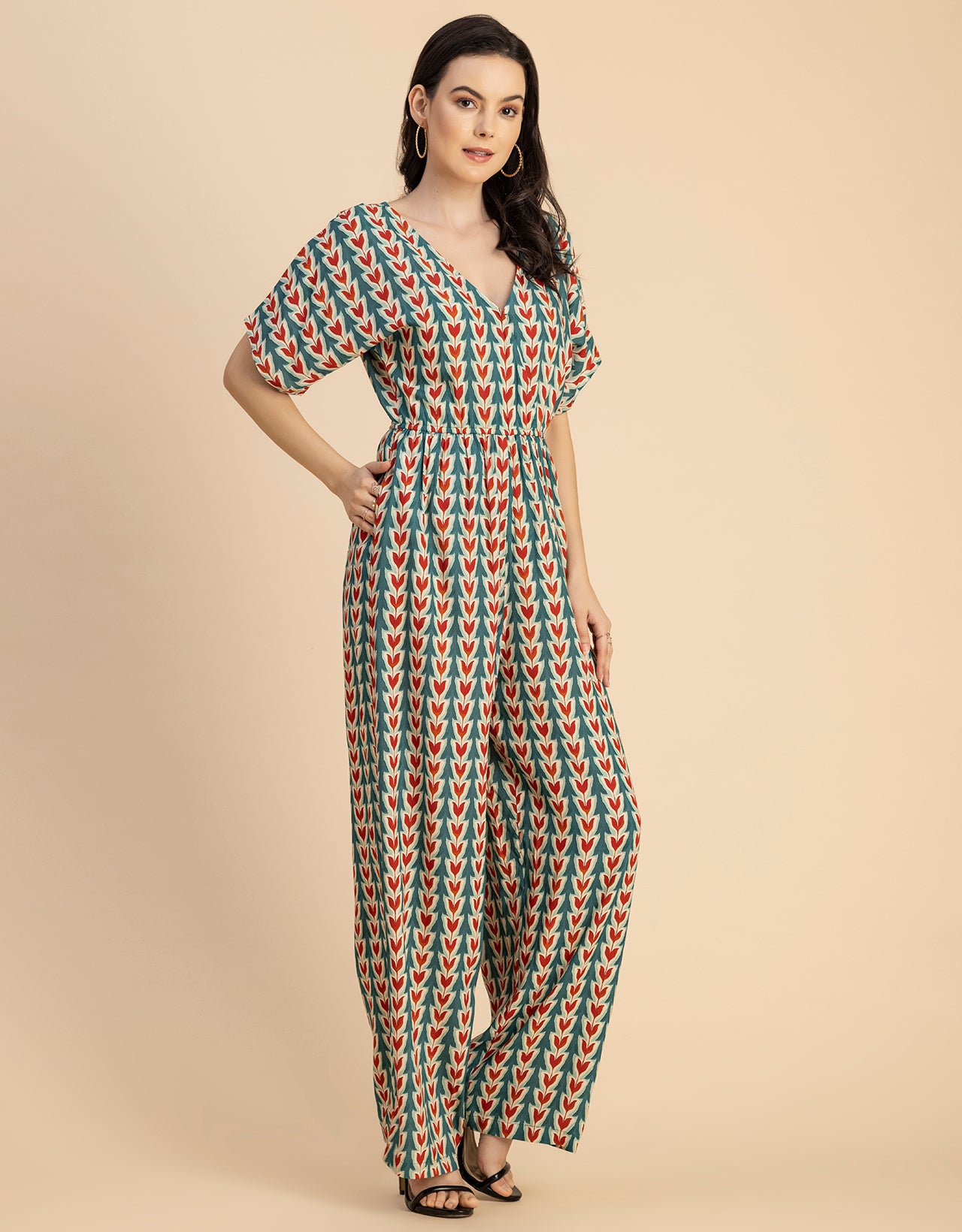 Short Sleeve Full Leg Printed Rayon Jumpsuit
