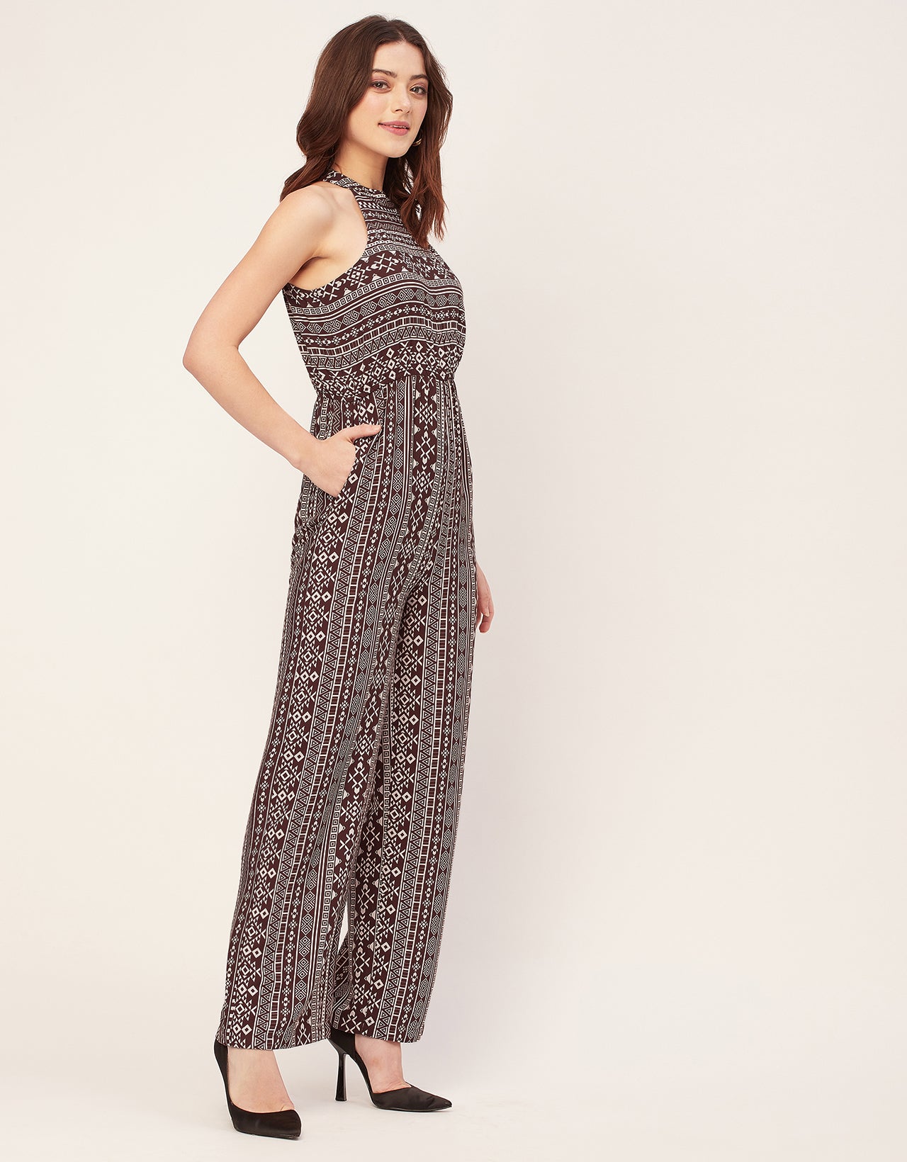Halter Neck Full Leg Printed Rayon Jumpsuit