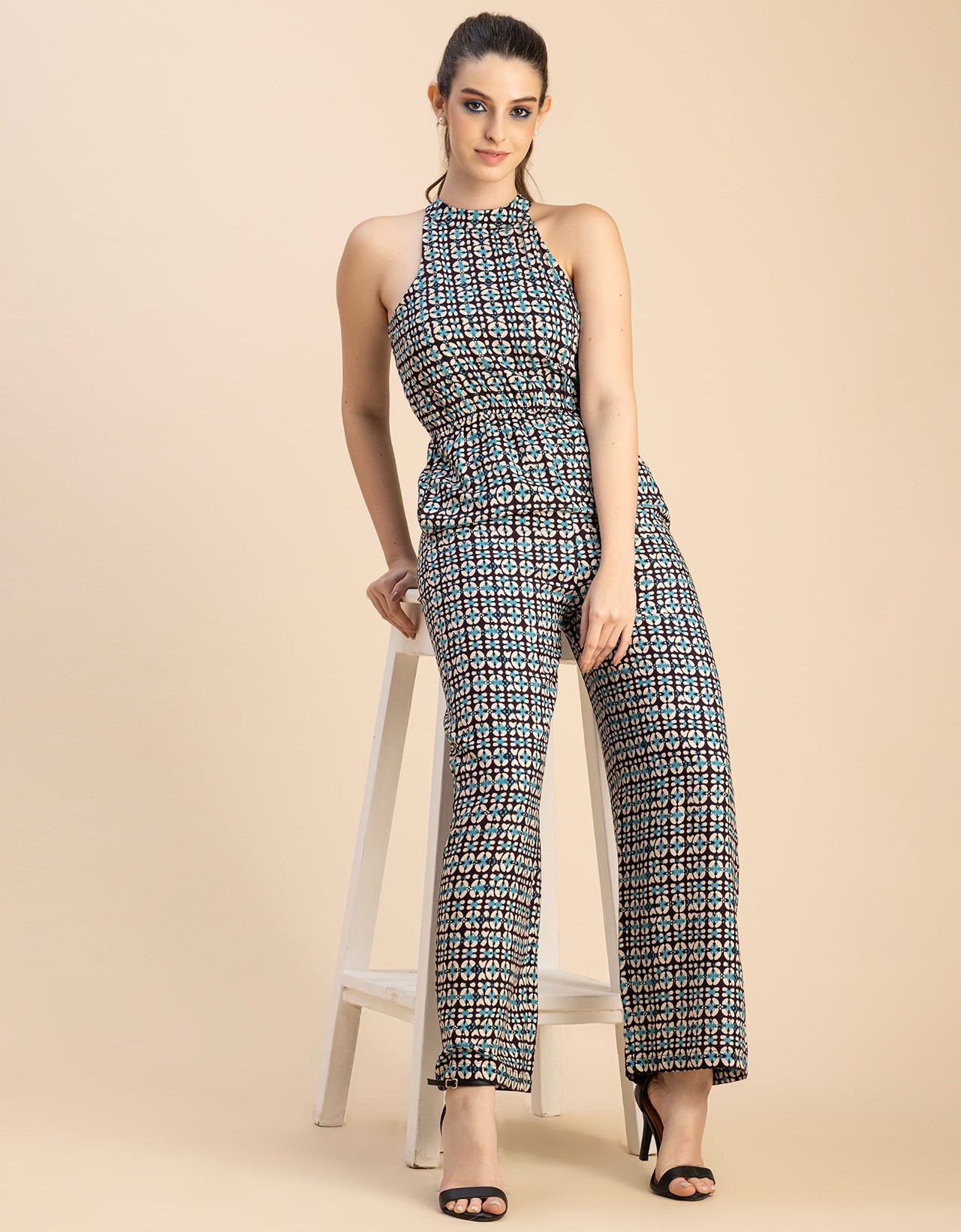 Halter Neck Full Leg Printed Rayon Jumpsuit