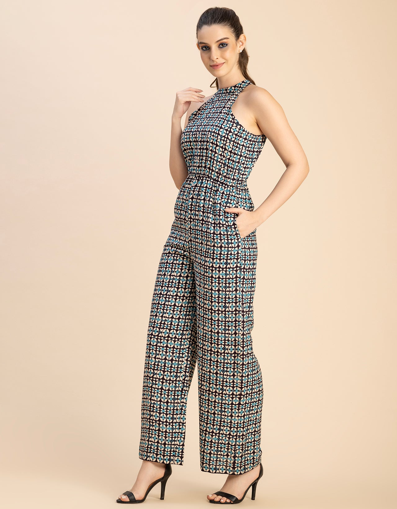Halter Neck Full Leg Printed Rayon Jumpsuit