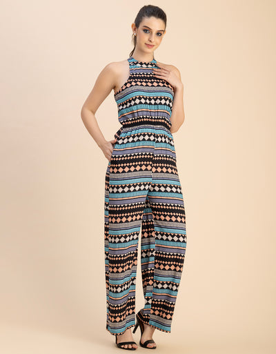 Halter Neck Full Leg Printed Rayon Jumpsuit