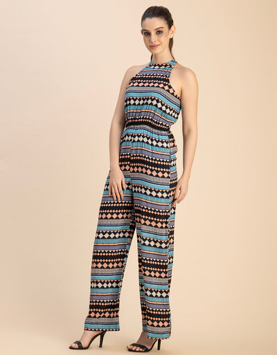 Halter Neck Full Leg Printed Rayon Jumpsuit