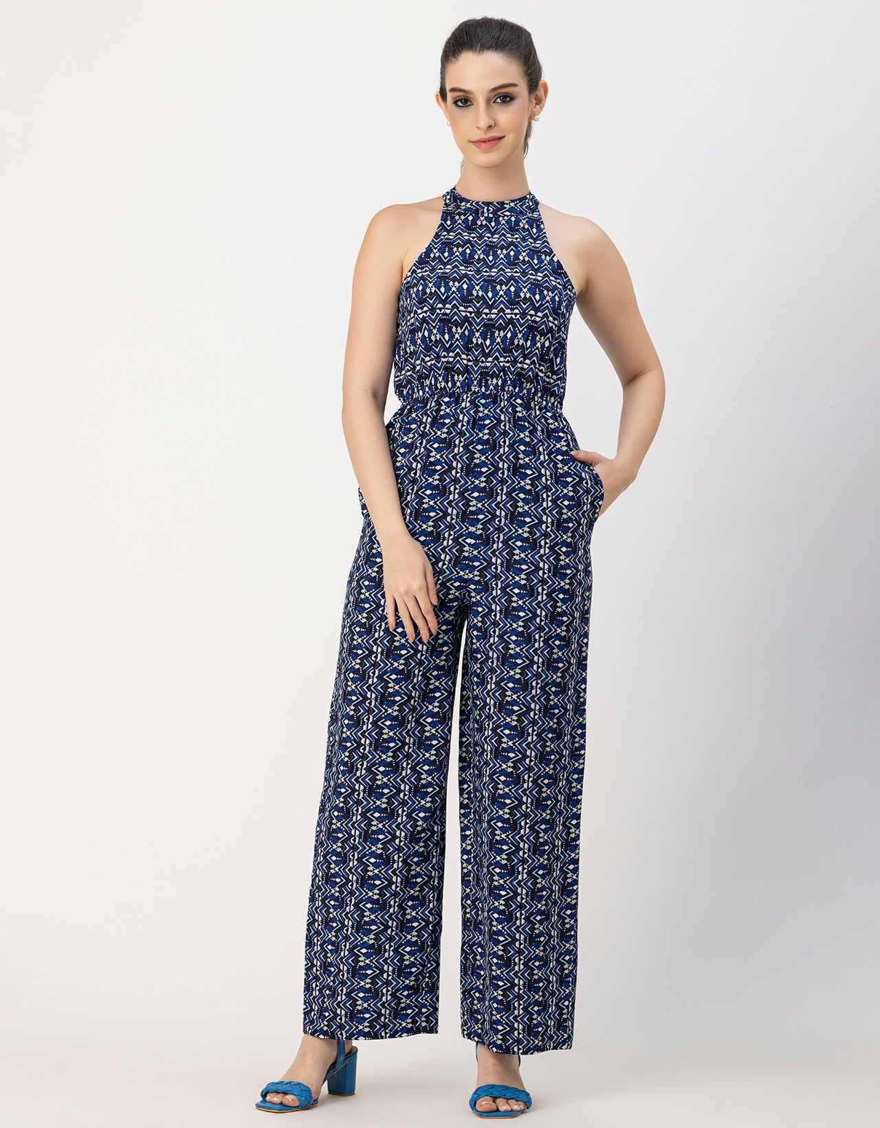 Halter Neck Full Leg Printed Rayon Jumpsuit
