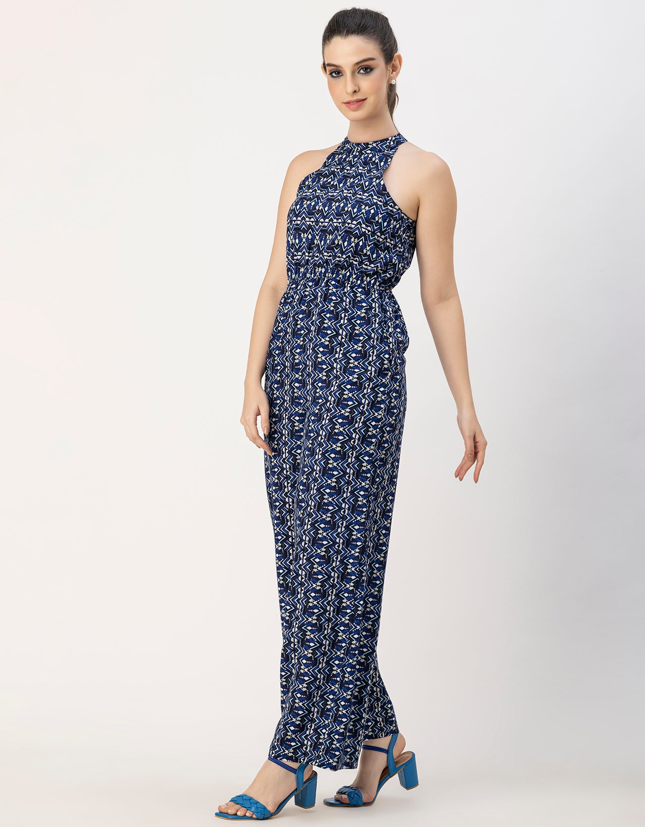 Halter Neck Full Leg Printed Rayon Jumpsuit