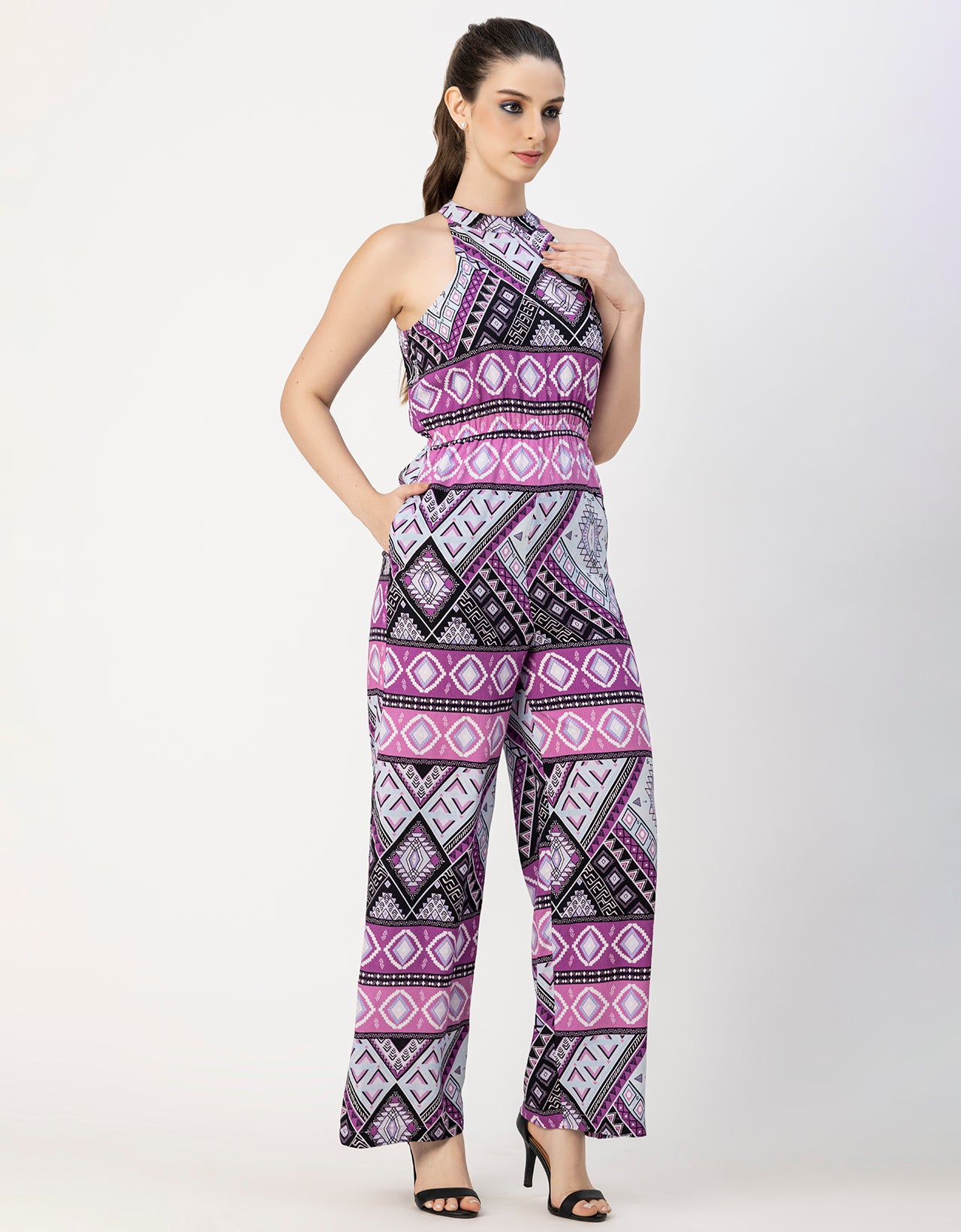 Halter Neck Full Leg Printed Rayon Jumpsuit