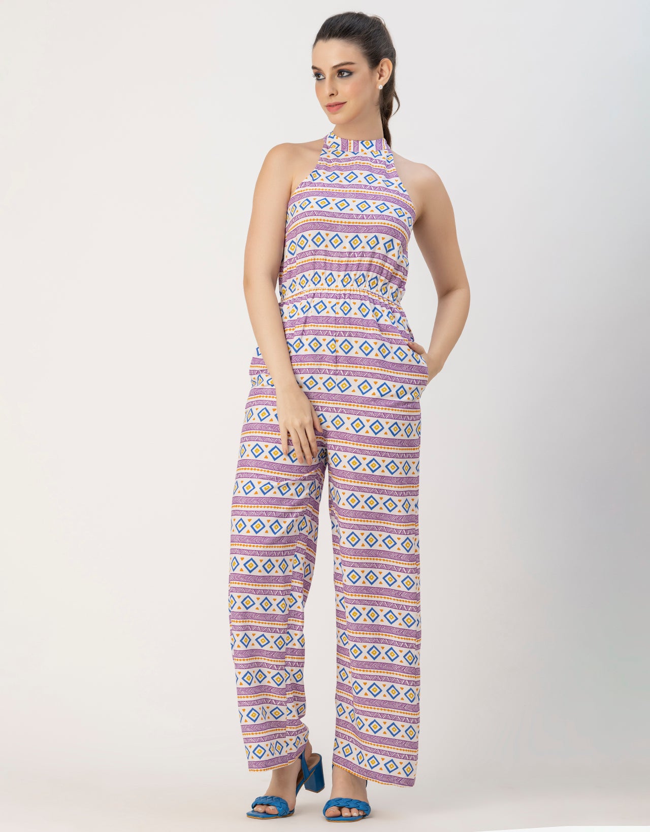 Halter Neck Full Leg Printed Rayon Jumpsuit