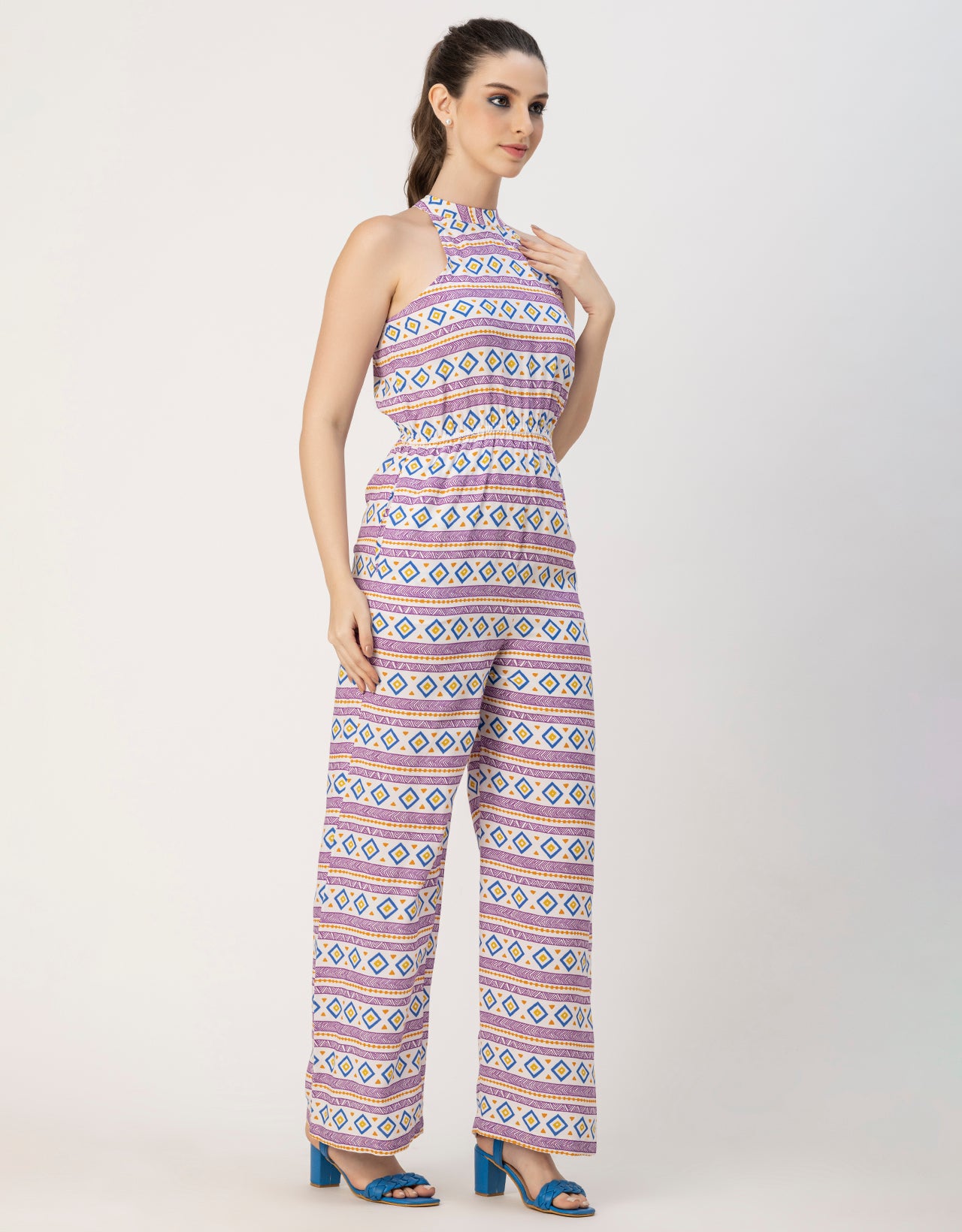 Halter Neck Full Leg Printed Rayon Jumpsuit