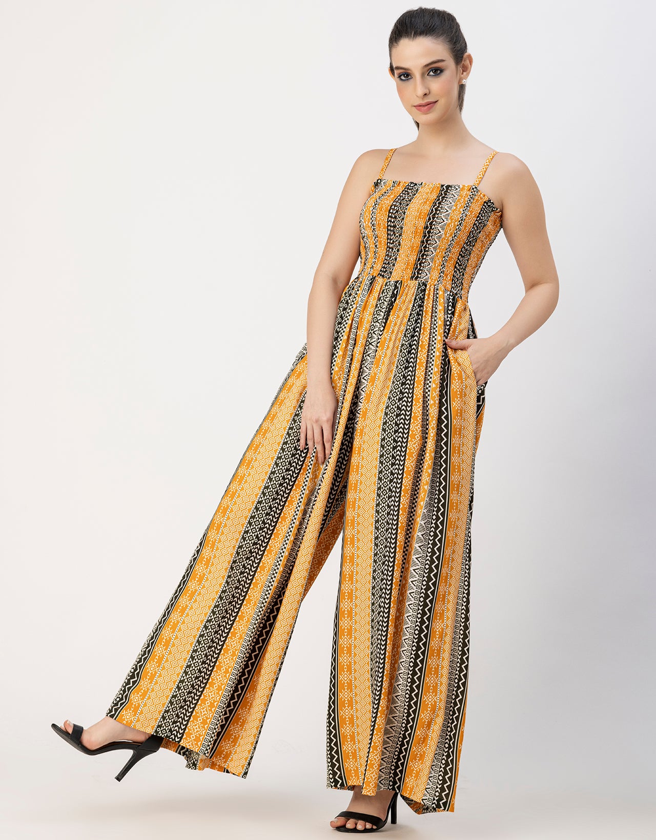 Shoulder Straps Full Leg Printed Rayon Jumpsuit