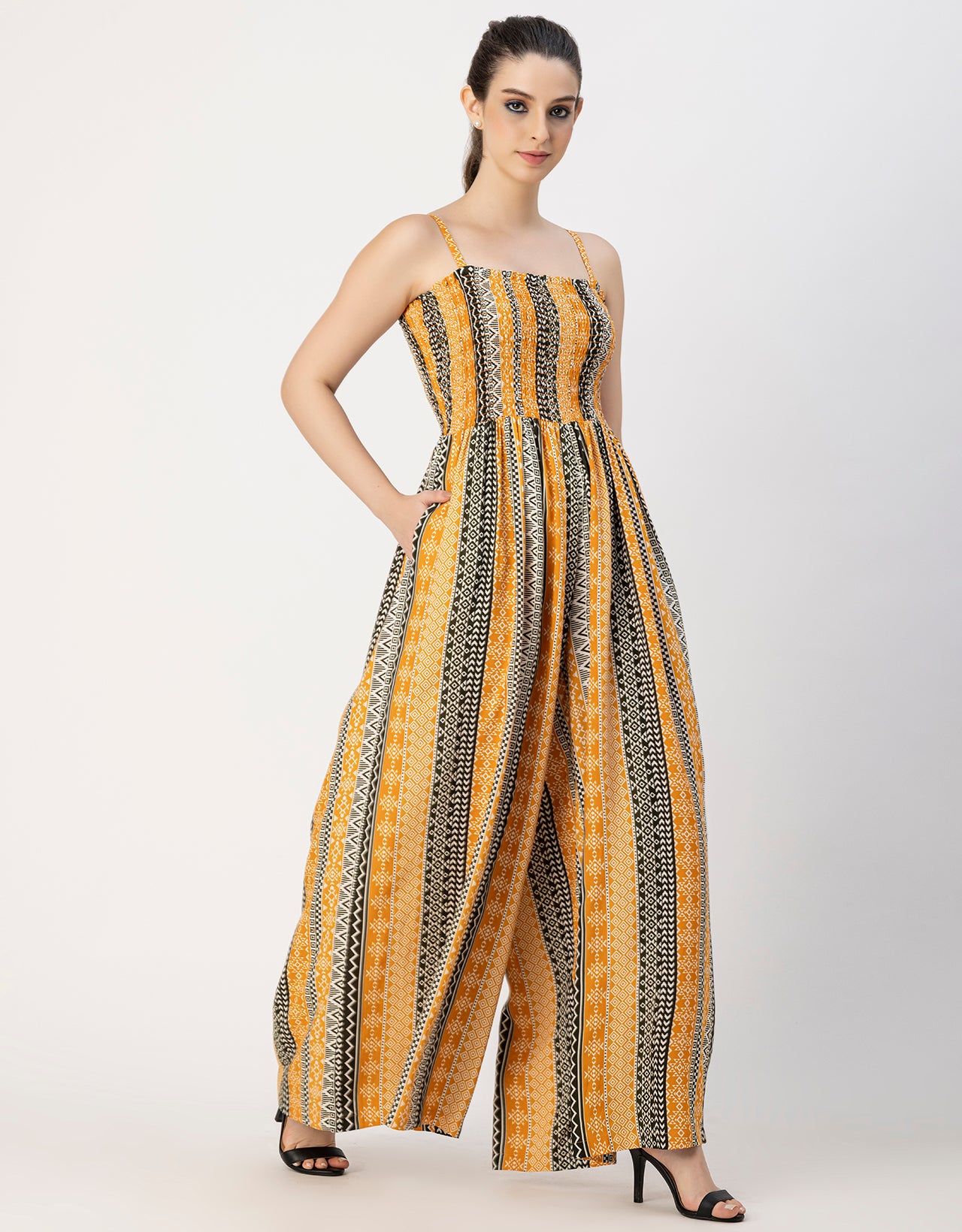 Shoulder Straps Full Leg Printed Rayon Jumpsuit