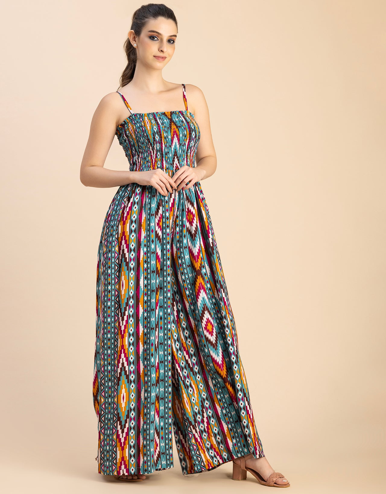 Shoulder Straps Full Leg Printed Rayon Jumpsuit