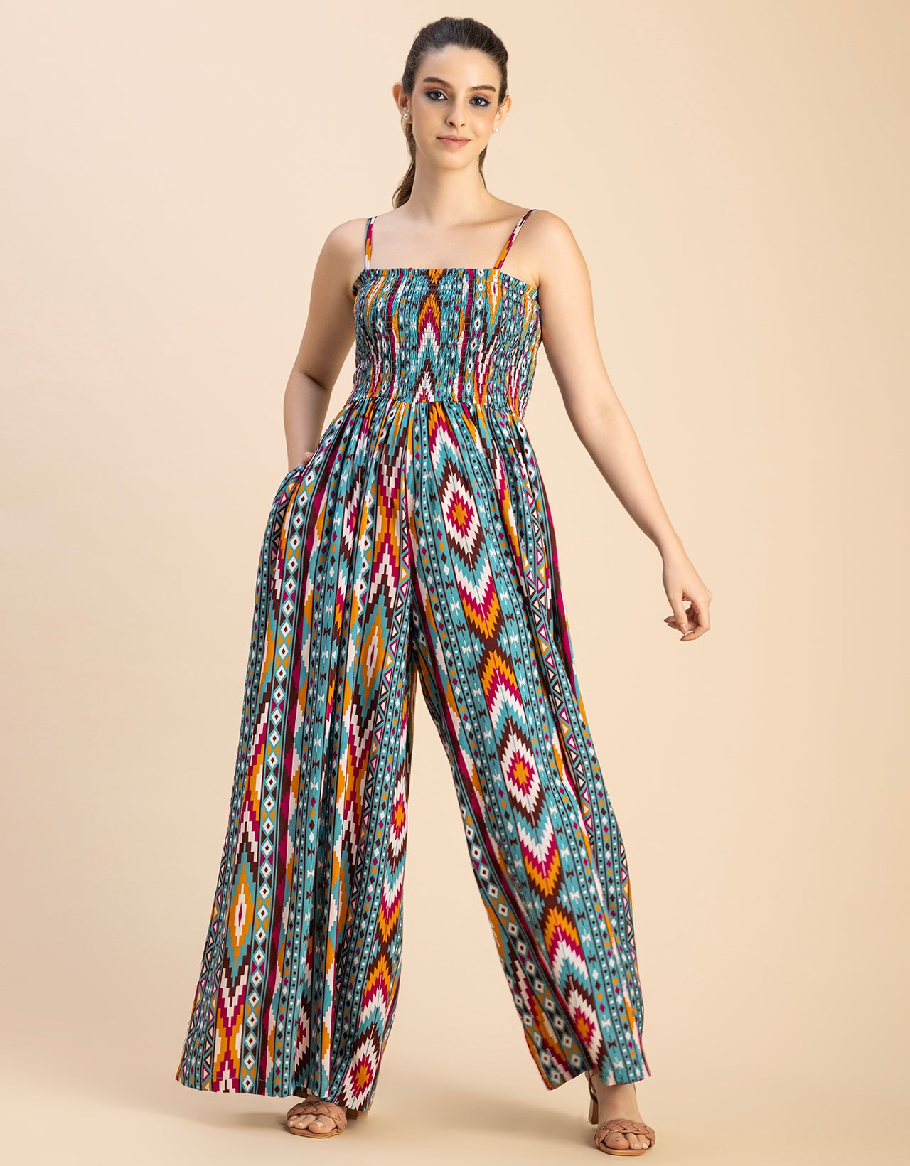 Shoulder Straps Full Leg Printed Rayon Jumpsuit