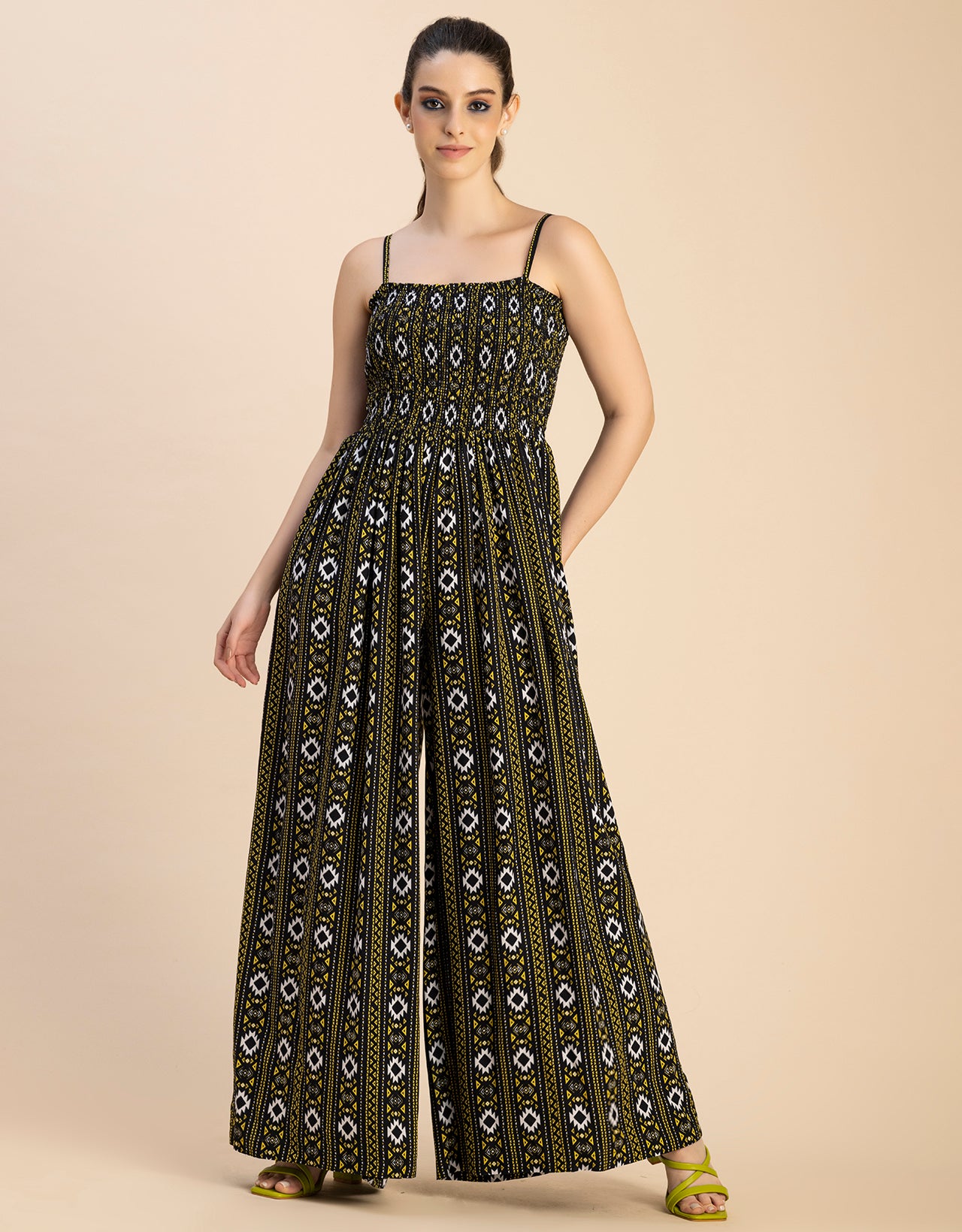 Shoulder Straps Full Leg Printed Rayon Jumpsuit