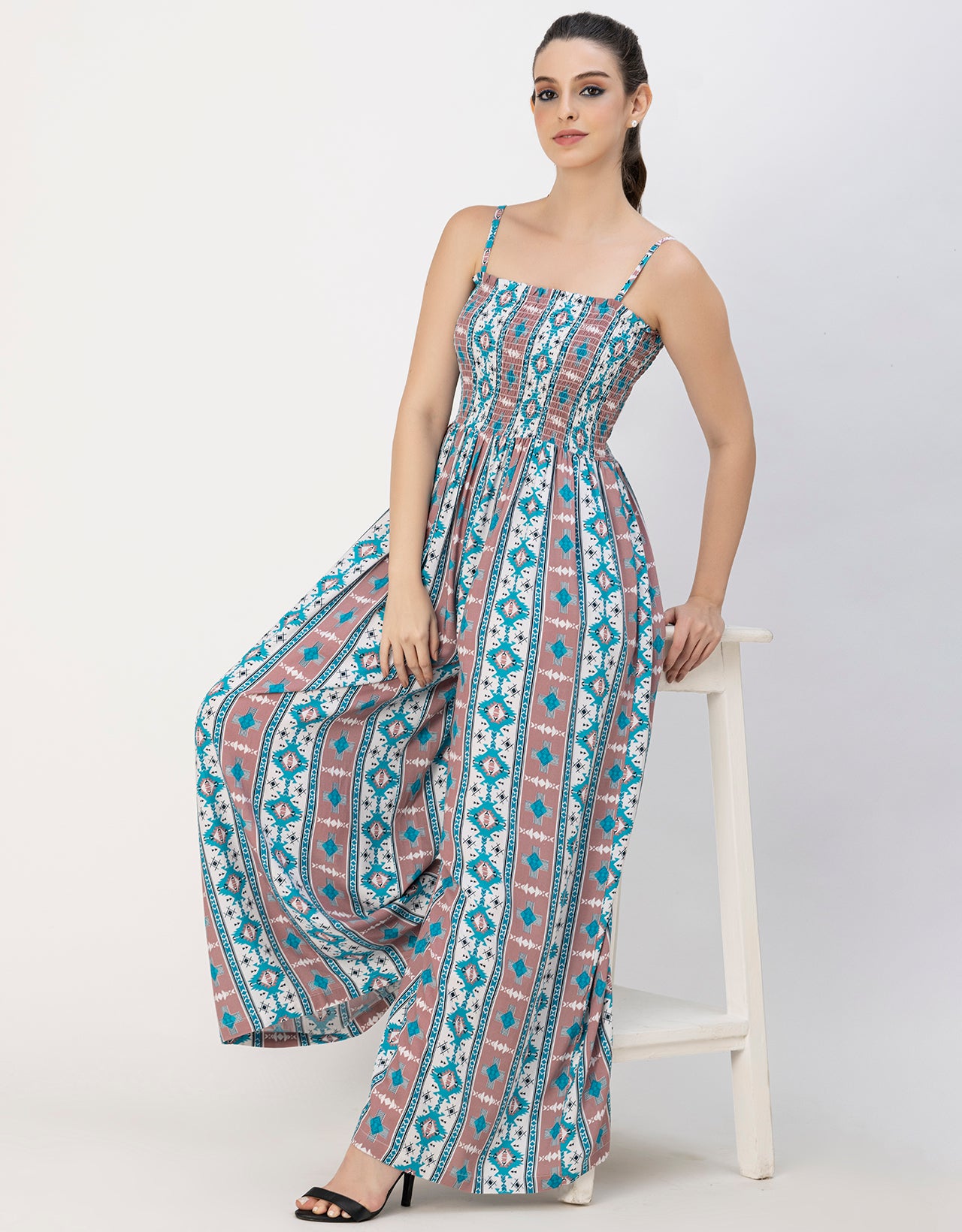 Shoulder Straps Full Leg Printed Rayon Jumpsuit