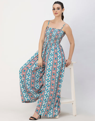 Shoulder Straps Full Leg Printed Rayon Jumpsuit