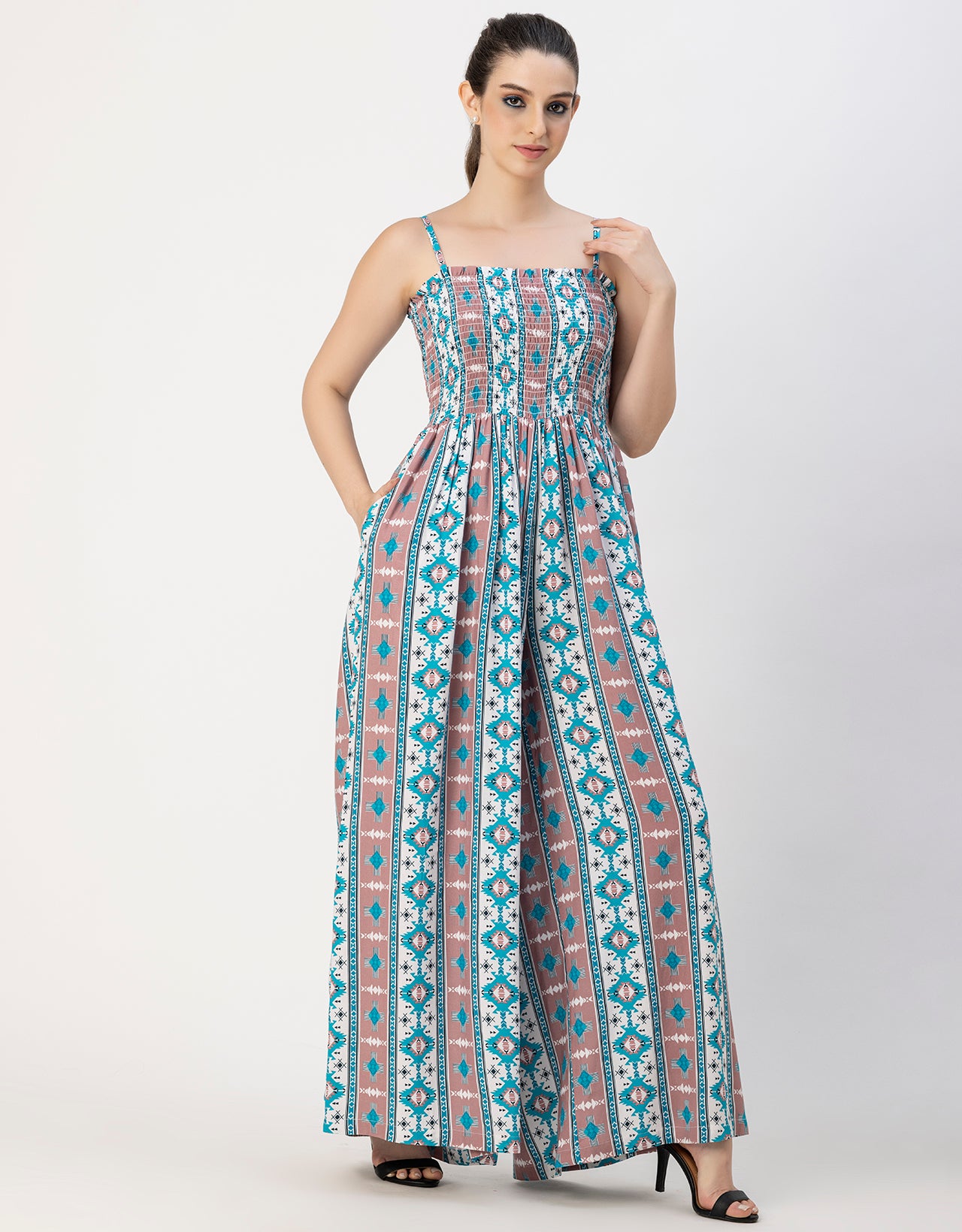 Shoulder Straps Full Leg Printed Rayon Jumpsuit