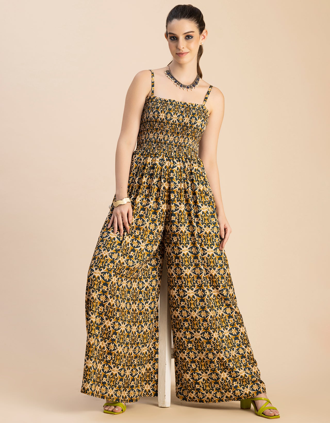 Shoulder Straps Full Leg Printed Rayon Jumpsuit