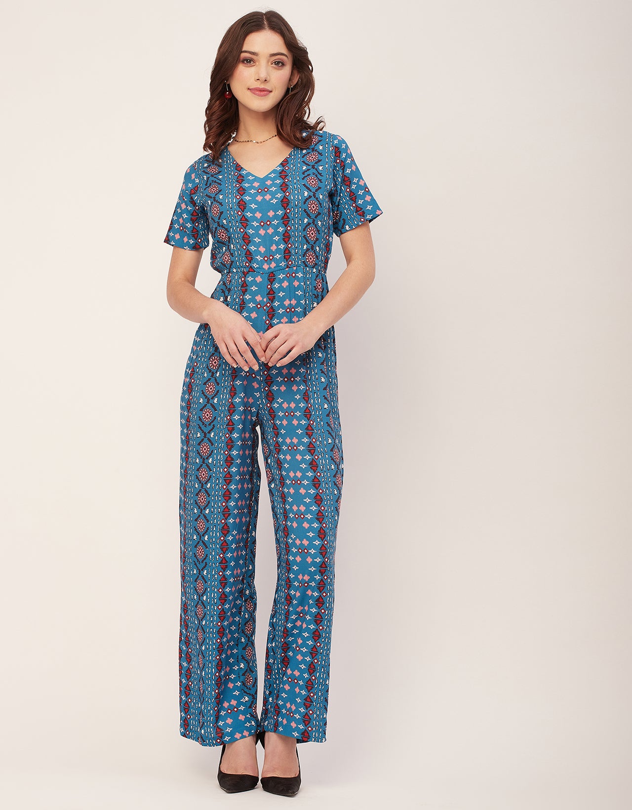 Short Sleeve Full Leg Printed Rayon Jumpsuit