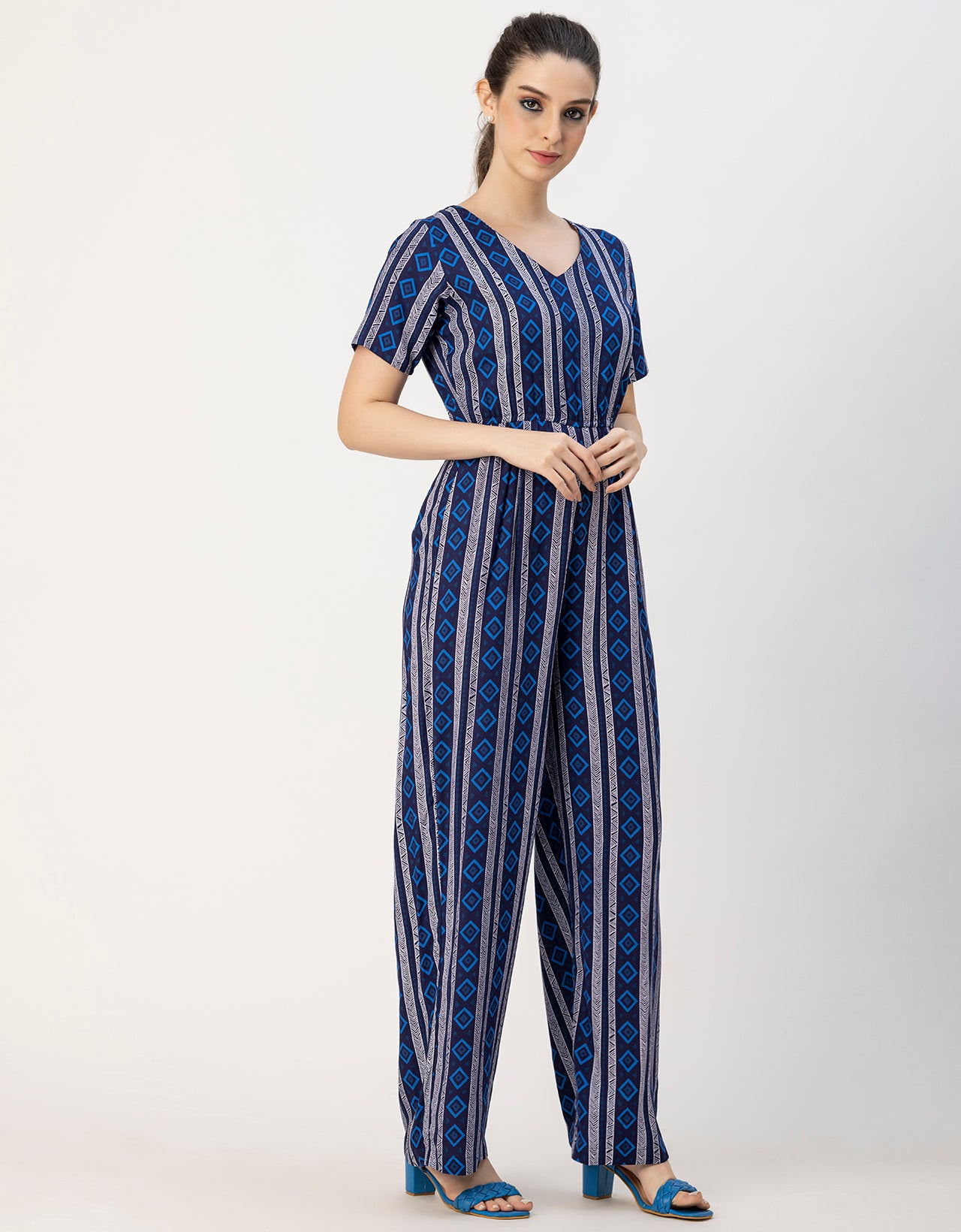 Short Sleeve Full Leg Printed Rayon Jumpsuit