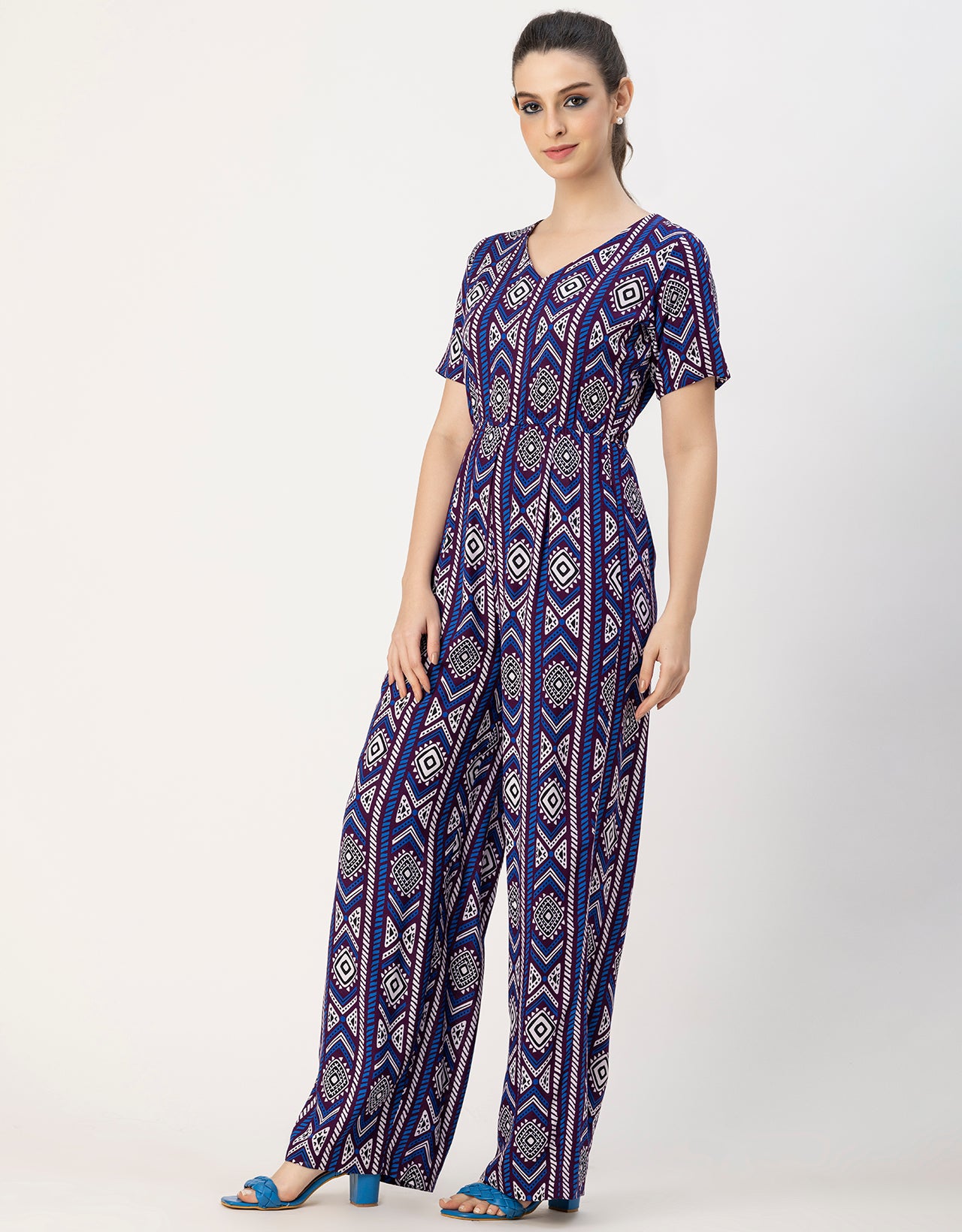 Short Sleeve Full Leg Printed Rayon Jumpsuit