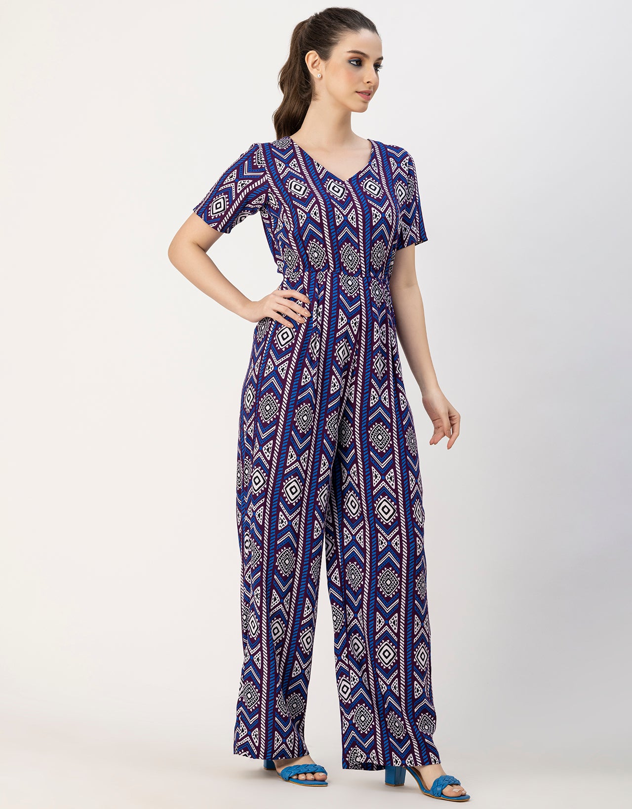 Short Sleeve Full Leg Printed Rayon Jumpsuit
