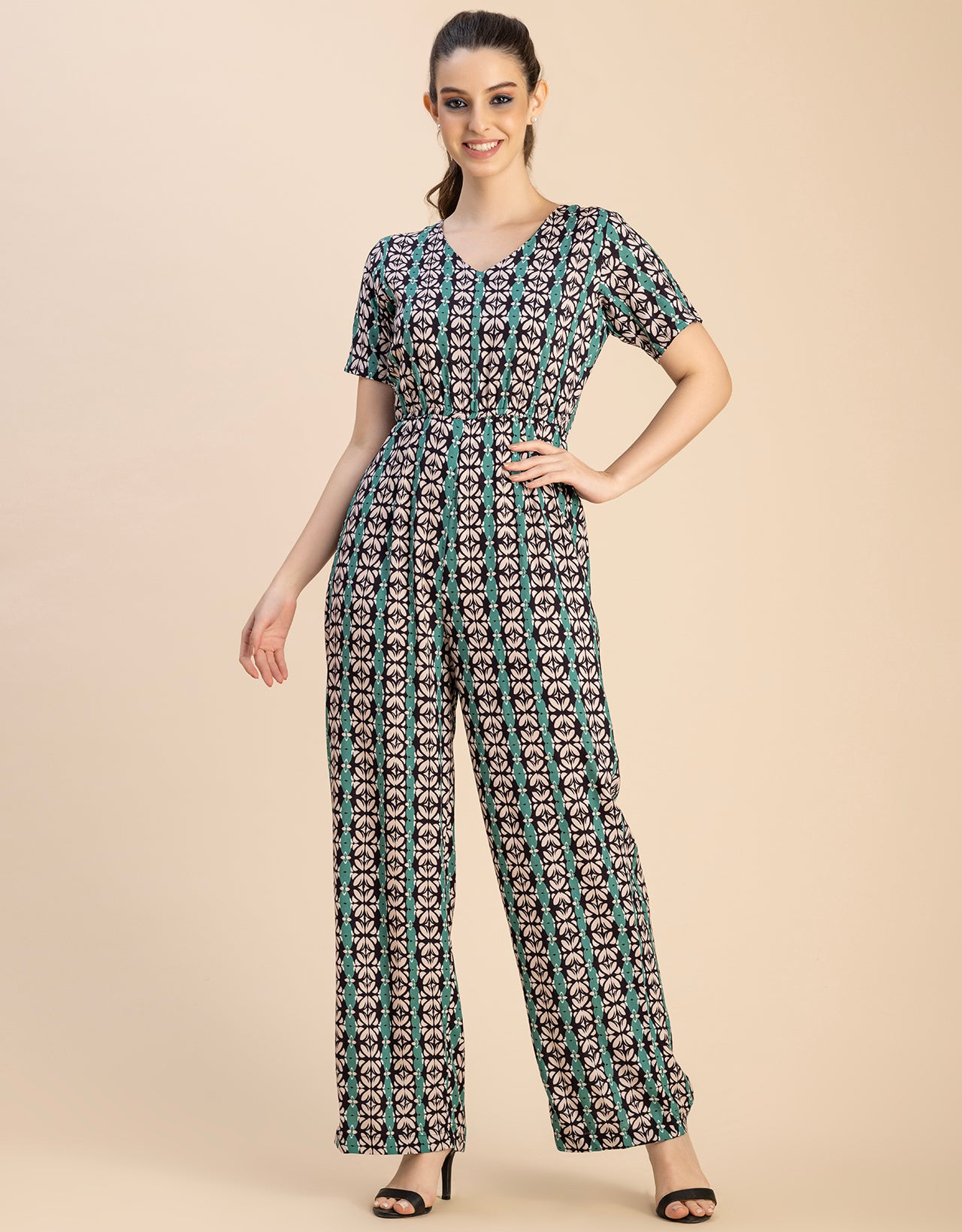 Short Sleeve Full Leg Printed Rayon Jumpsuit