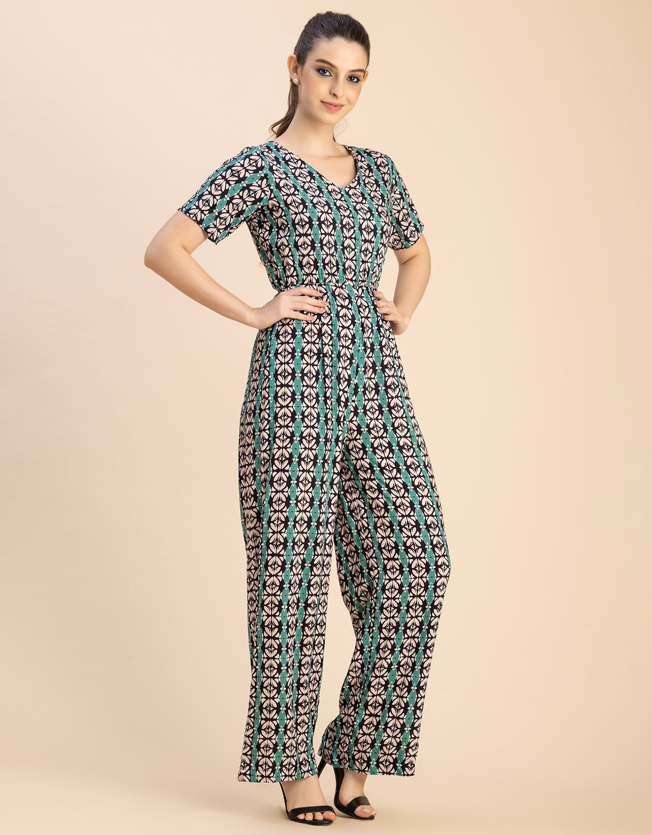 Short Sleeve Full Leg Printed Rayon Jumpsuit