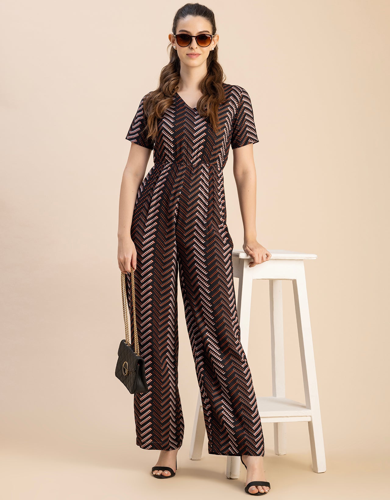 Short Sleeve Full Leg Printed Rayon Jumpsuit