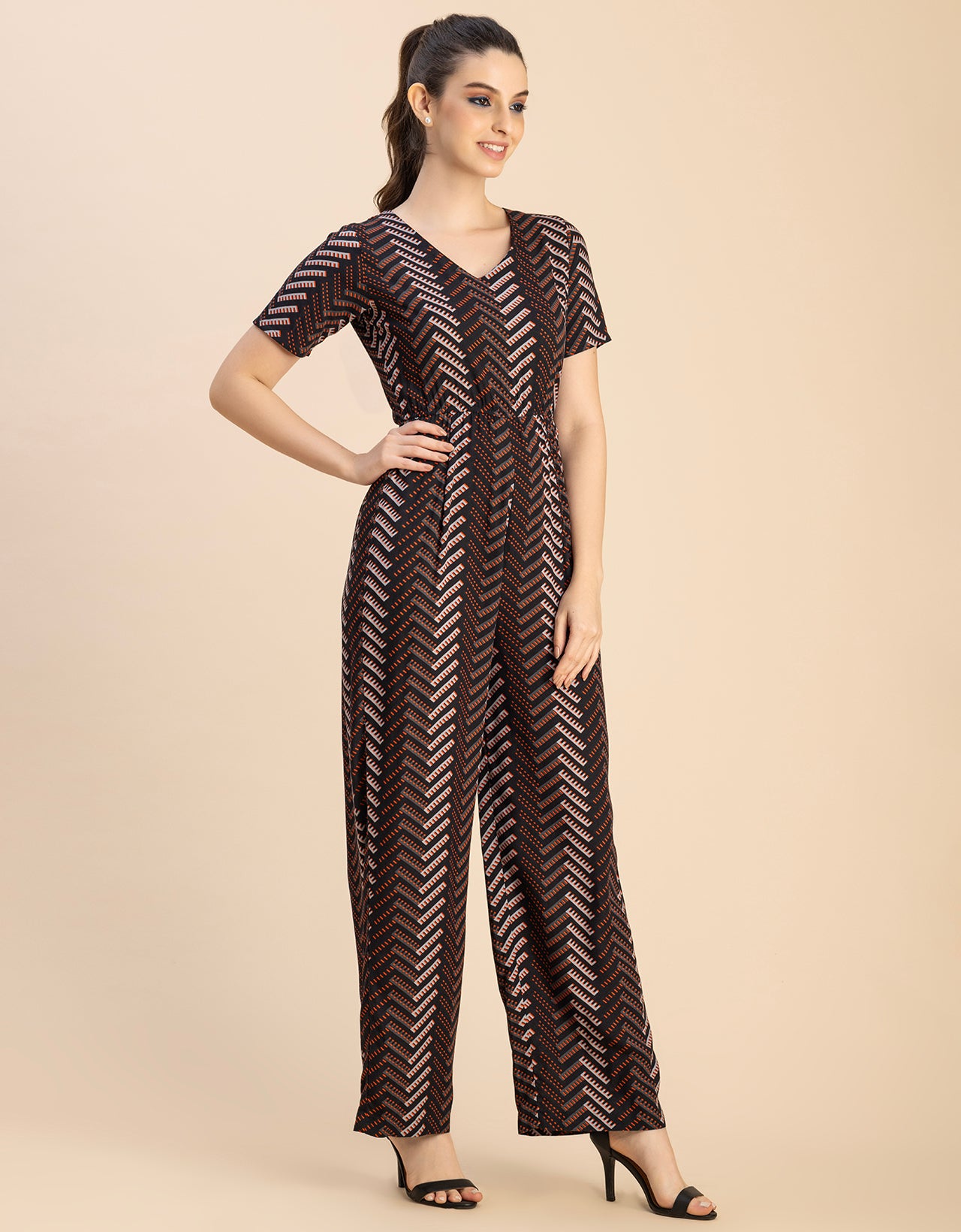 Short Sleeve Full Leg Printed Rayon Jumpsuit