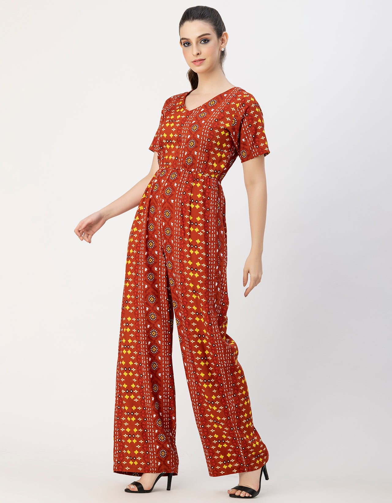 Short Sleeve Full Leg Printed Rayon Jumpsuit