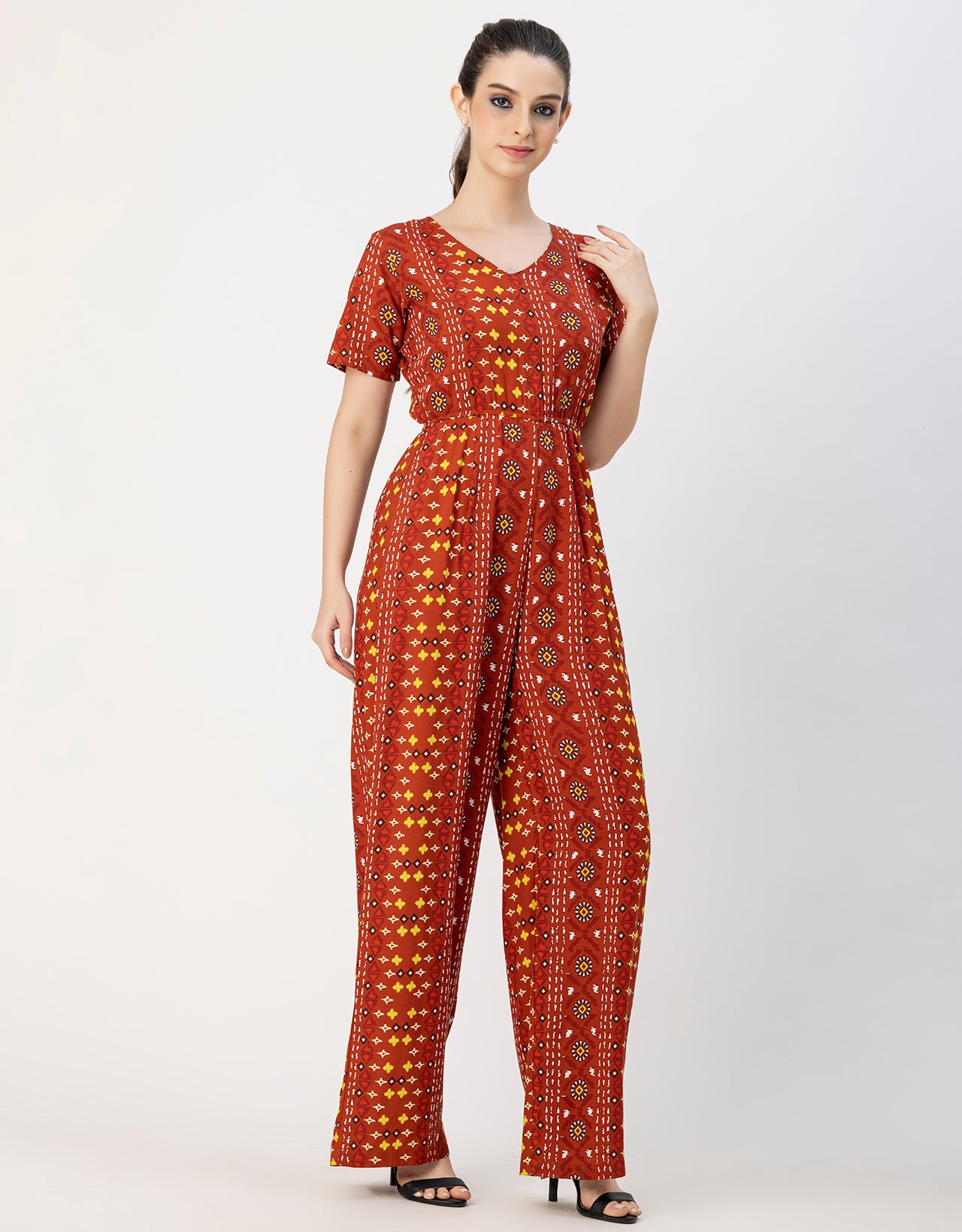 Short Sleeve Full Leg Printed Rayon Jumpsuit
